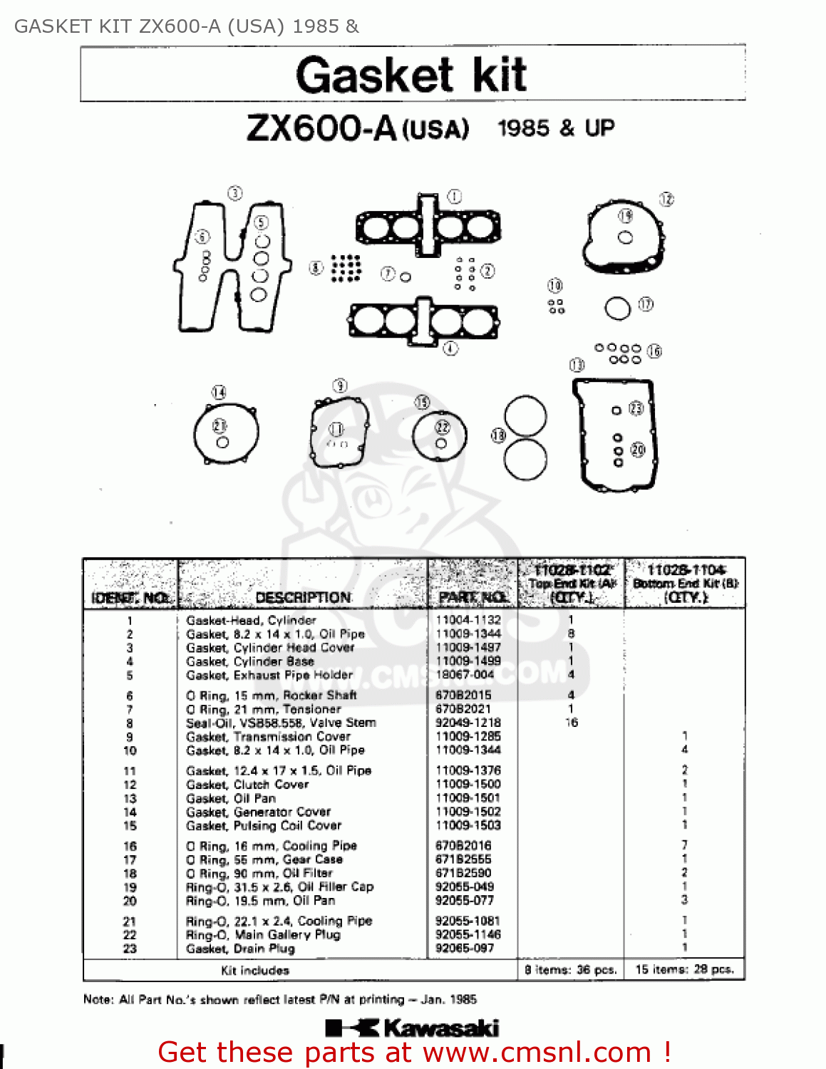 GASKET KIT ZX600-A (USA) 1985 & ZX600A1 NINJA 600 1985 USA CALIFORNIA CANADA