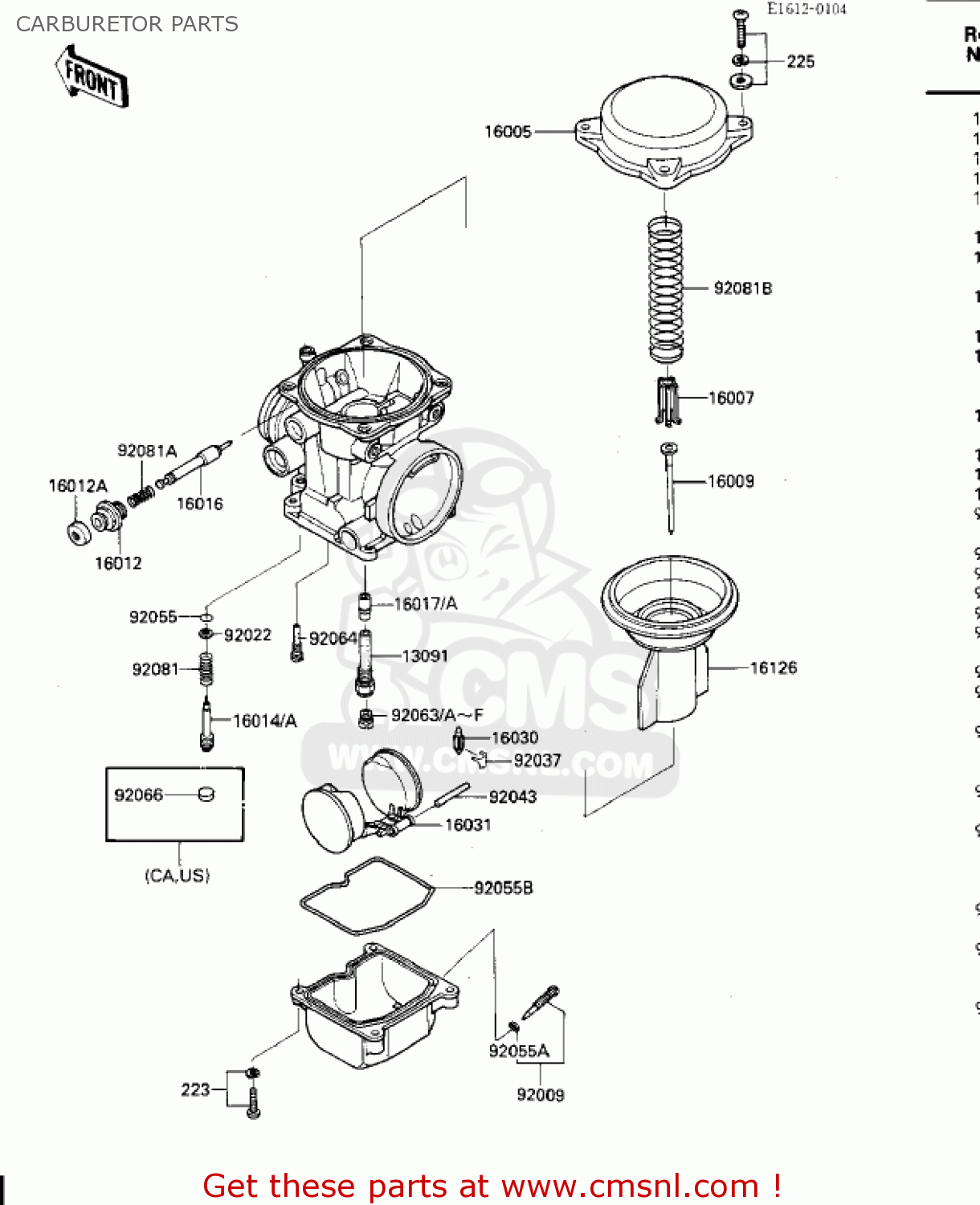 CARBURETOR PARTS ZX600A1 NINJA 600 1985 USA CALIFORNIA CANADA