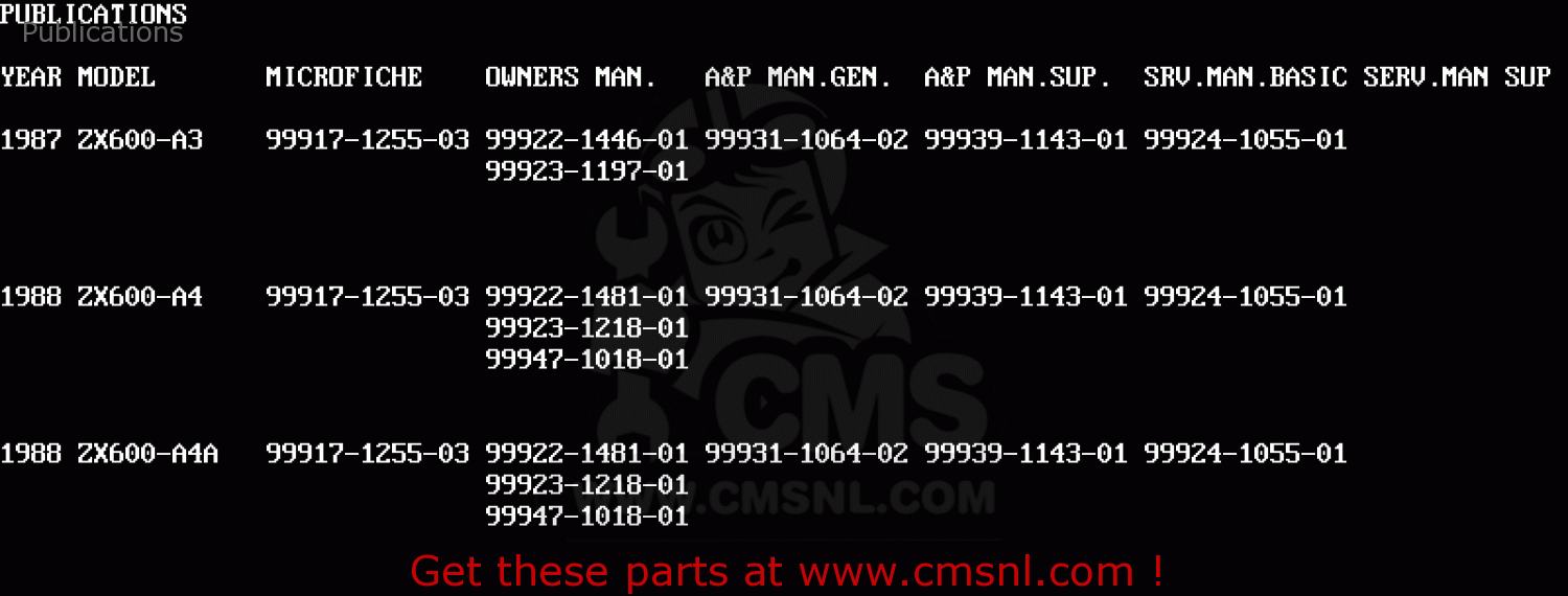 Publications ZX600A3 NINJA 600R 1987 EUROPE UK FR FG GR IT NR SD SP ST