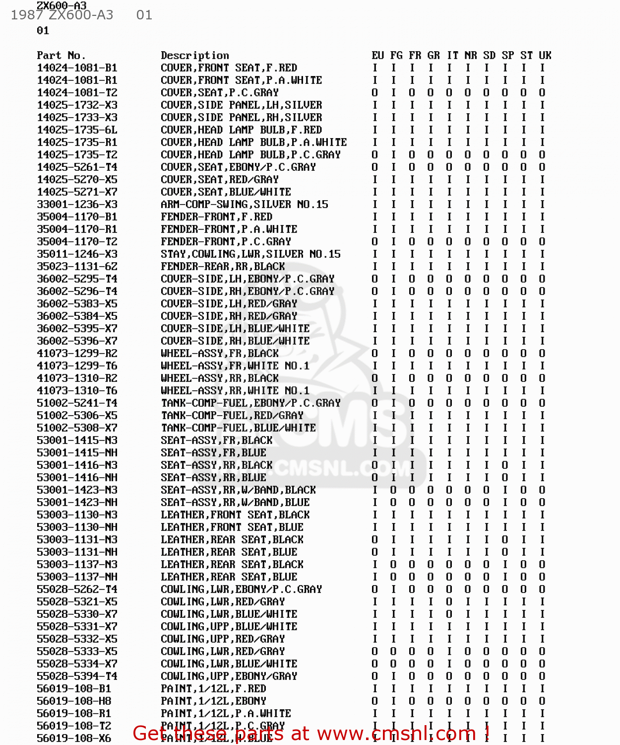 1987 ZX600-A3     01 ZX600A3 NINJA 600R 1987 EUROPE UK FR FG GR IT NR SD SP ST