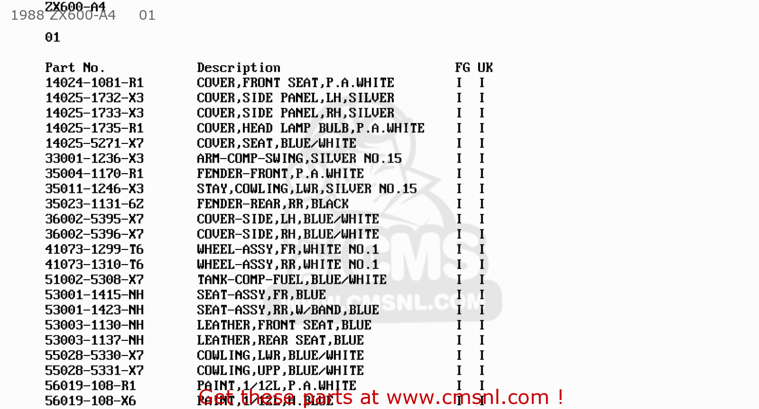 1988 ZX600-A4     01 ZX600A4A NINJA 600R 1988 UNITED KINGDOM EU FR