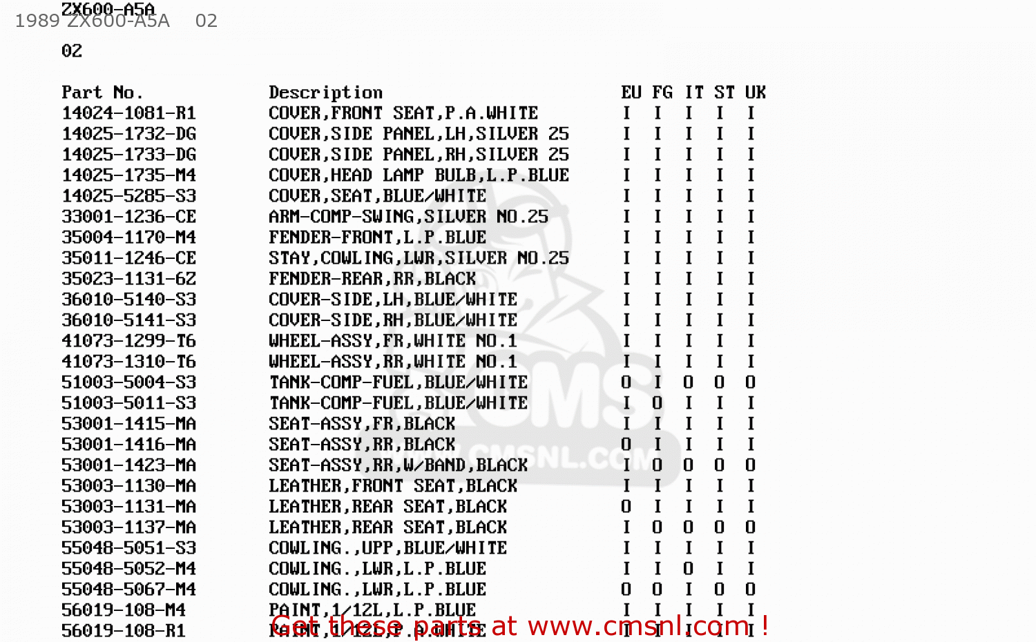 1989 ZX600-A5A    02 ZX600A5 GPZ600A 1989 EUROPE UK FG IT SD ST