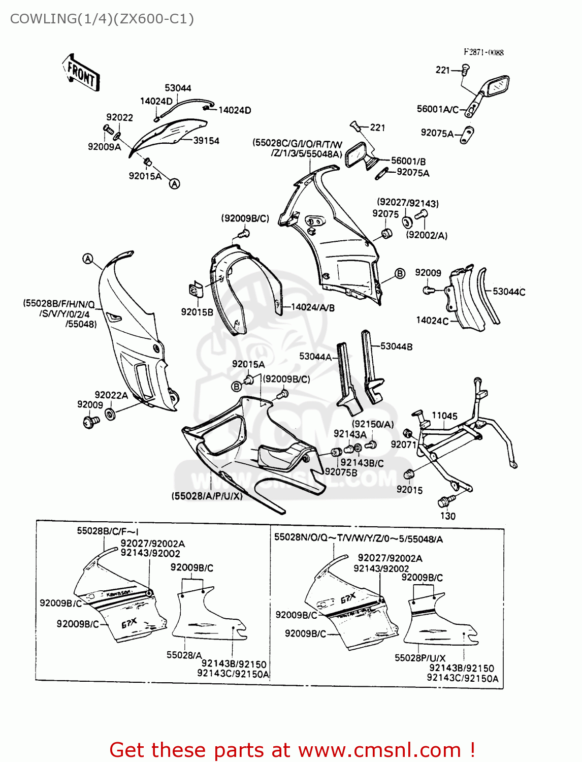 COWLING(1/4)(ZX600-C1) ZX600C1 GPX600R 1988 EUROPE UK FR FG GR IT NR SD SP ST