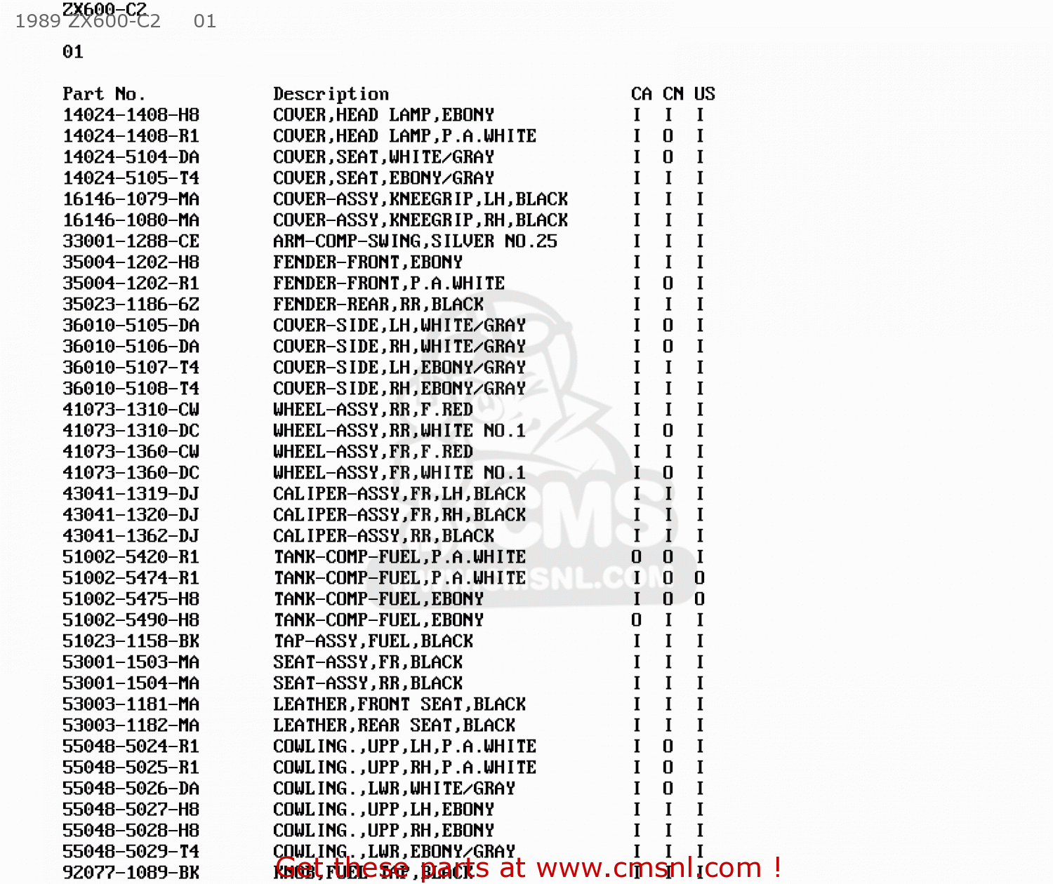 1989 ZX600-C2     01 ZX600C1 NINJA 600R 1988 USA CALIFORNIA CANADA