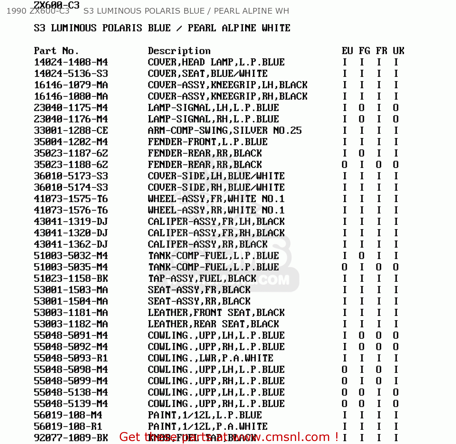1990 ZX600-C3     S3 LUMINOUS POLARIS BLUE / PEARL ALPINE WH ZX600C2 GPX600R 1989 EUROPE UK FR FG GR IT NR SD SP ST