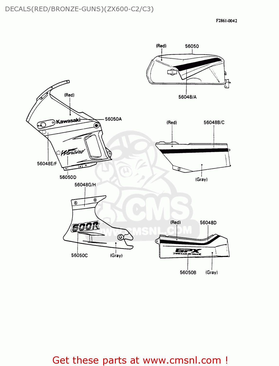 DECALS(RED/BRONZE-GUNS)(ZX600-C2/C3) ZX600C3 GPX600R 1990 EUROPE UK FR FG