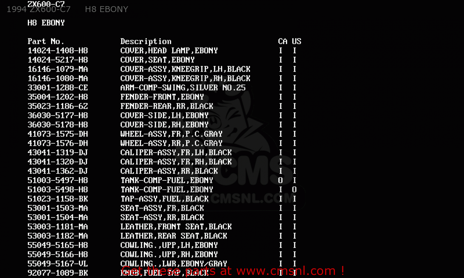 1994 ZX600-C7     H8 EBONY ZX600C4 NINJA 600R 1991 USA CALIFORNIA