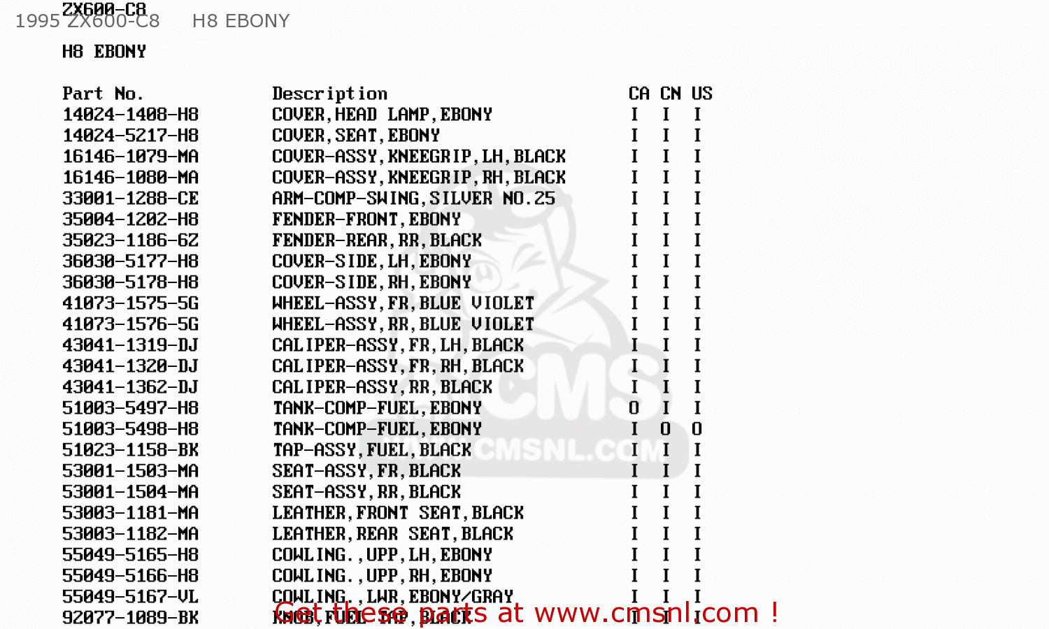 1995 ZX600-C8     H8 EBONY ZX600C9 NINJA 600R 1996 USA CALIFORNIA CANADA