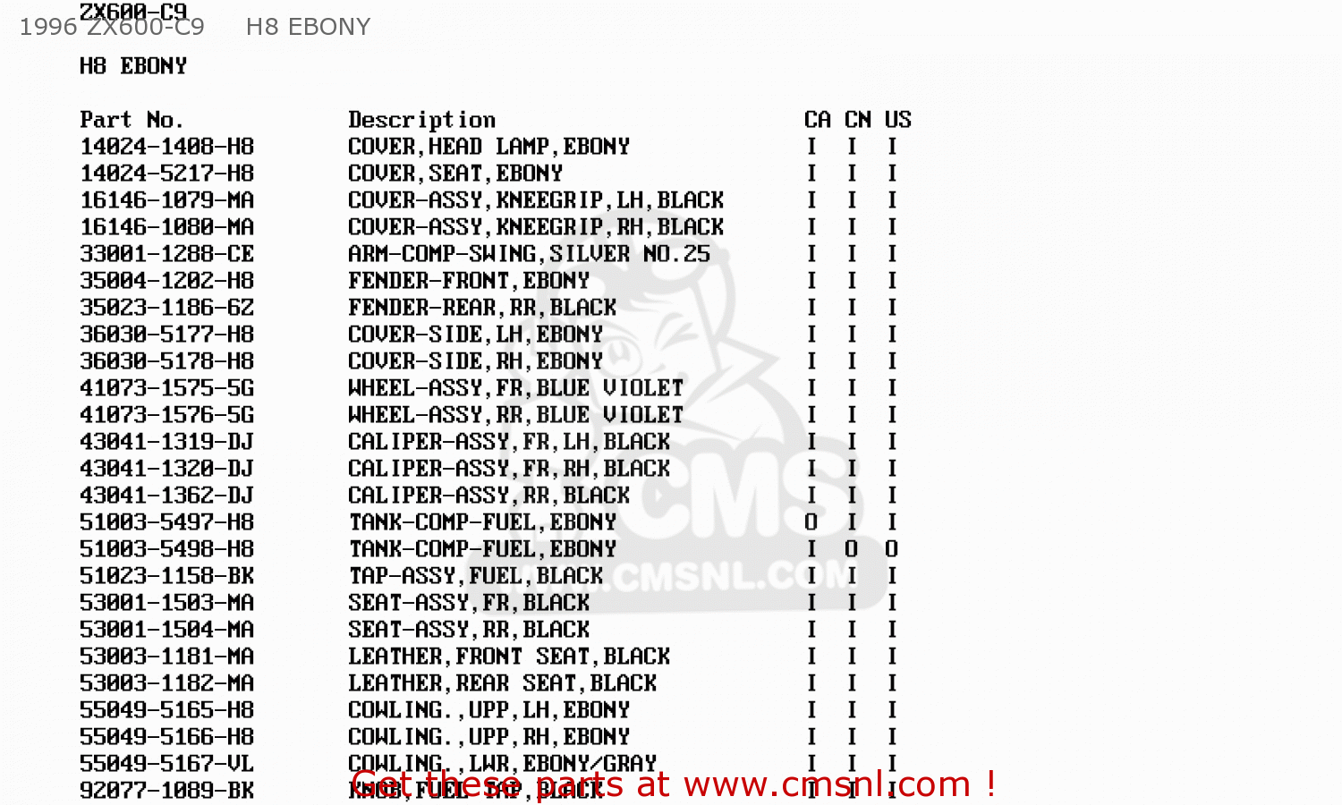1996 ZX600-C9     H8 EBONY ZX600C9 NINJA 600R 1996 USA CALIFORNIA CANADA