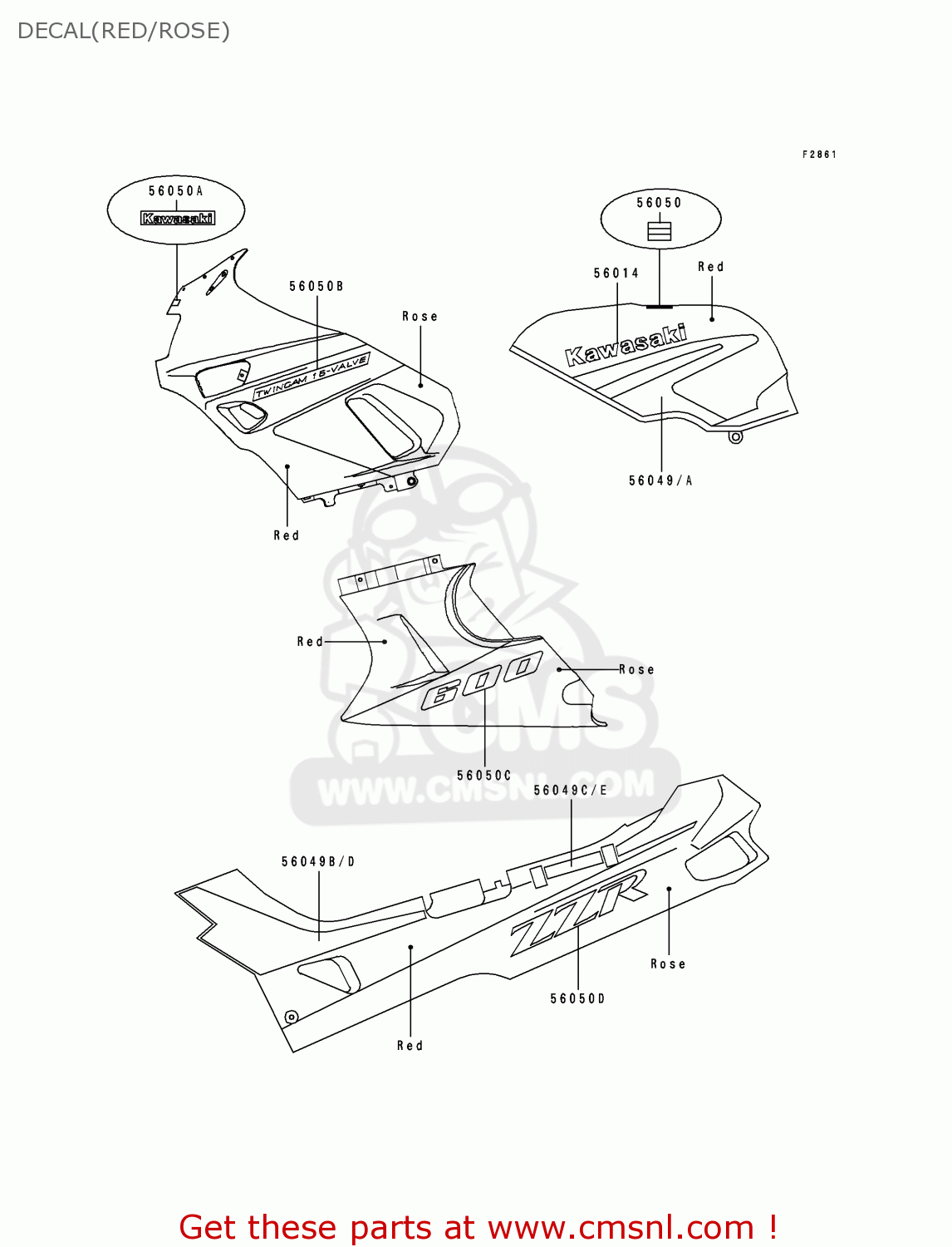 DECAL(RED/ROSE) ZX600D1 ZZR600 1990 EUROPE UK FR AR FG GR IT NR SD SP ST