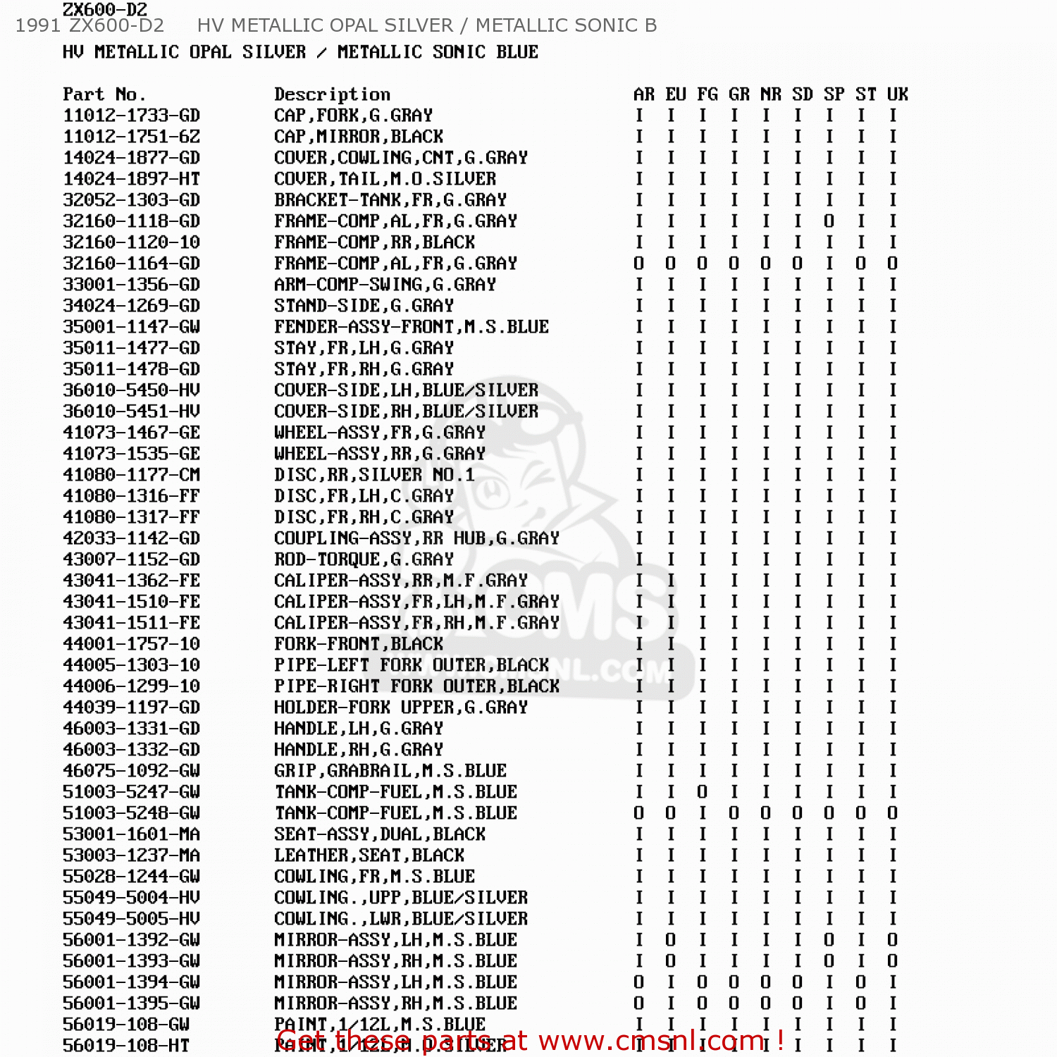 1991 ZX600-D2     HV METALLIC OPAL SILVER / METALLIC SONIC B ZX600D2 ZZR600 1991 EUROPE UK FR AR FG GR IT NR SD SP ST