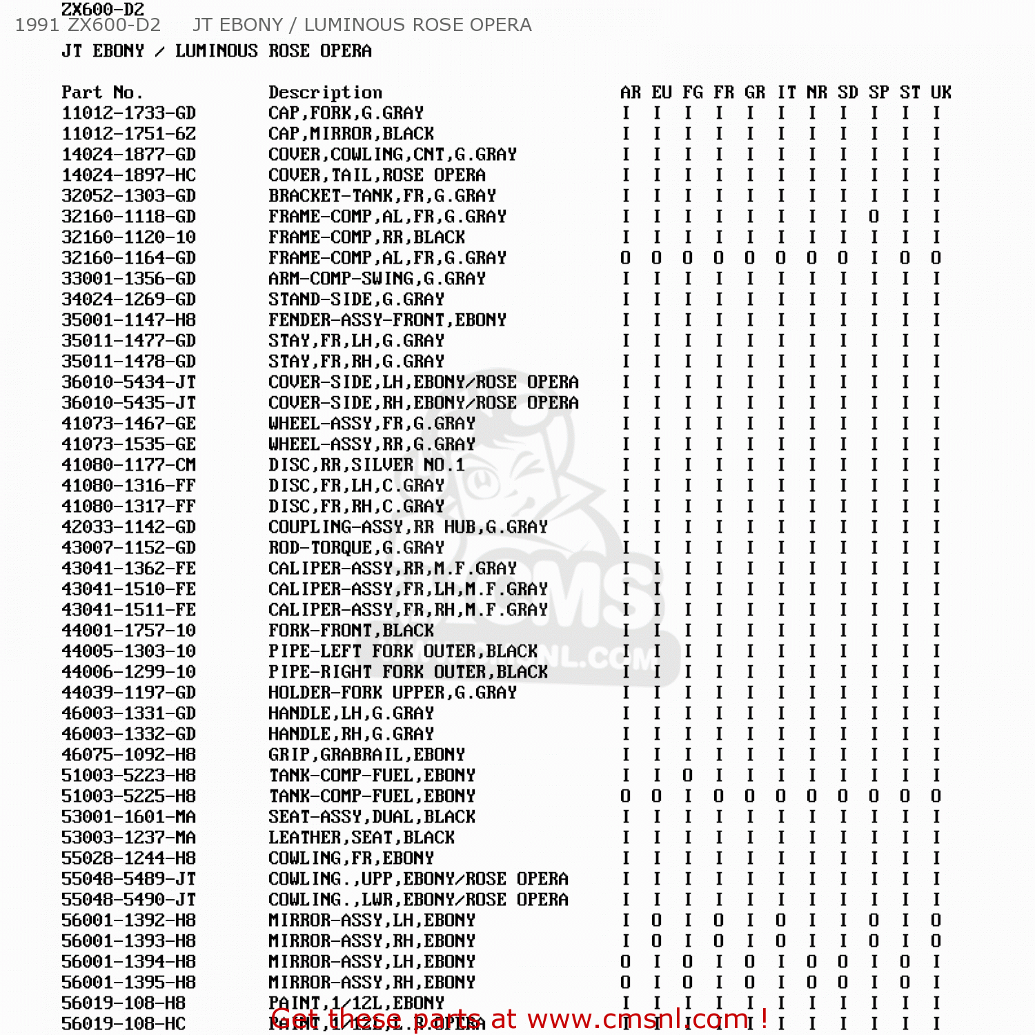 1991 ZX600-D2     JT EBONY / LUMINOUS ROSE OPERA ZX600D2 ZZR600 1991 EUROPE UK FR AR FG GR IT NR SD SP ST