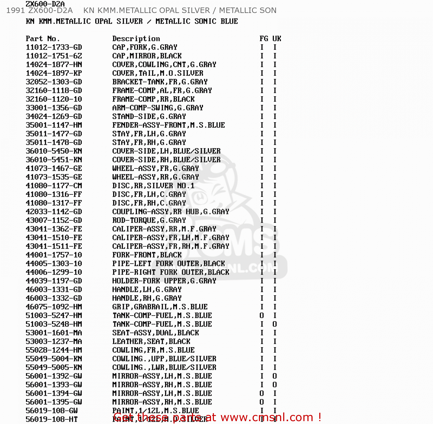 1991 ZX600-D2A    KN KMM.METALLIC OPAL SILVER / METALLIC SON ZX600D2A ZZR600 1991 UNITED KINGDOM FG