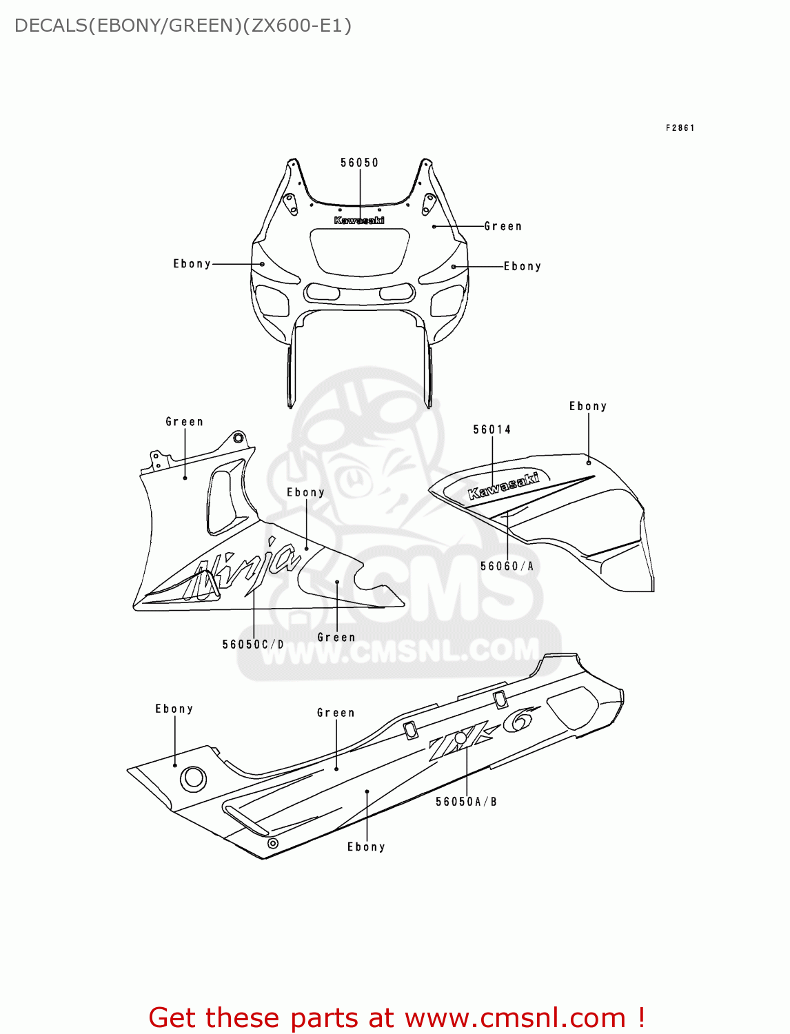 DECALS(EBONY/GREEN)(ZX600-E1) ZX600E1 NINJA ZX6 1993 USA CALIFORNIA CANADA