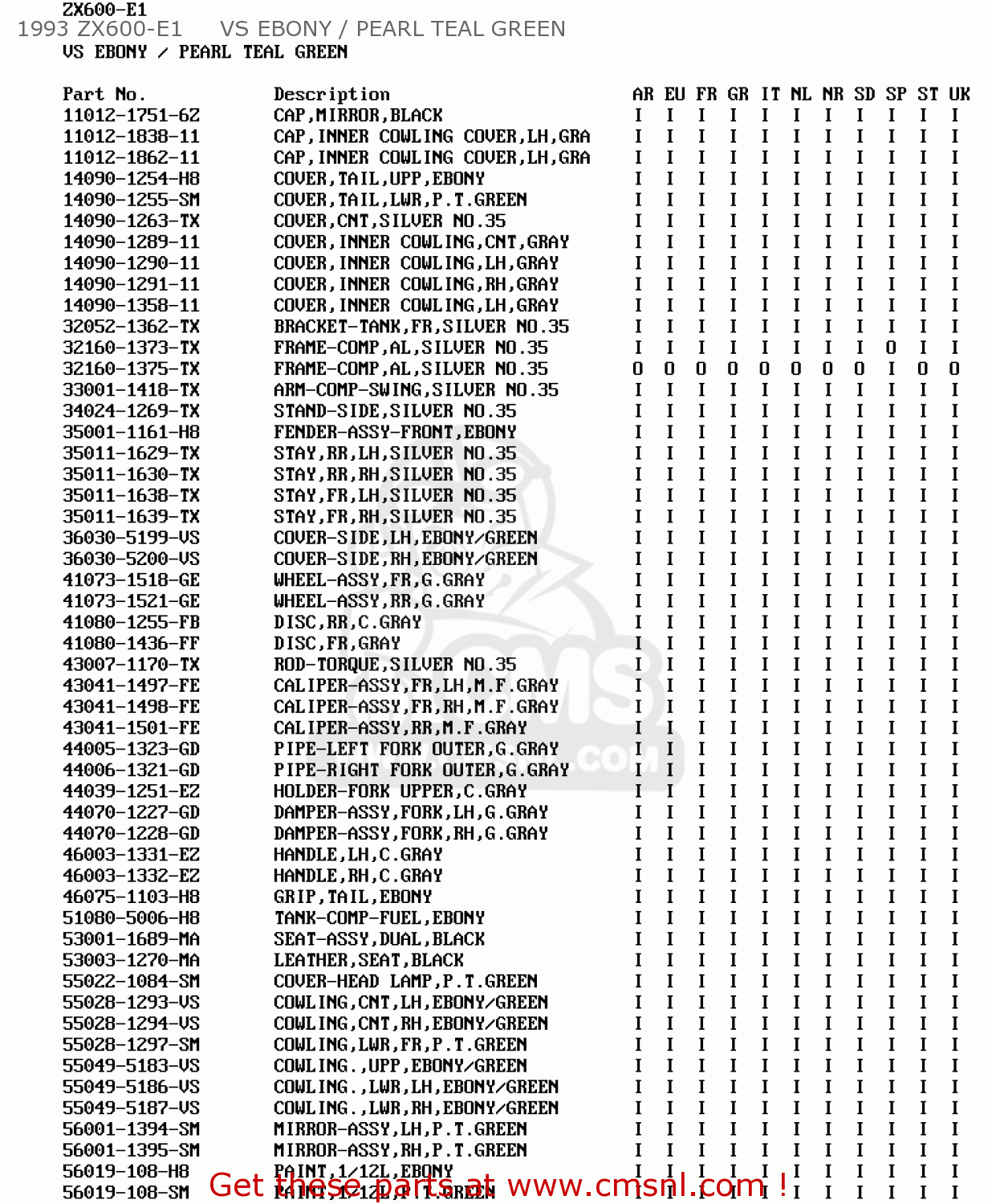 1993 ZX600-E1     VS EBONY / PEARL TEAL GREEN ZX600E1 ZZR600 1993 EUROPE UK FR NL AR FG GR IT NR SD SP ST