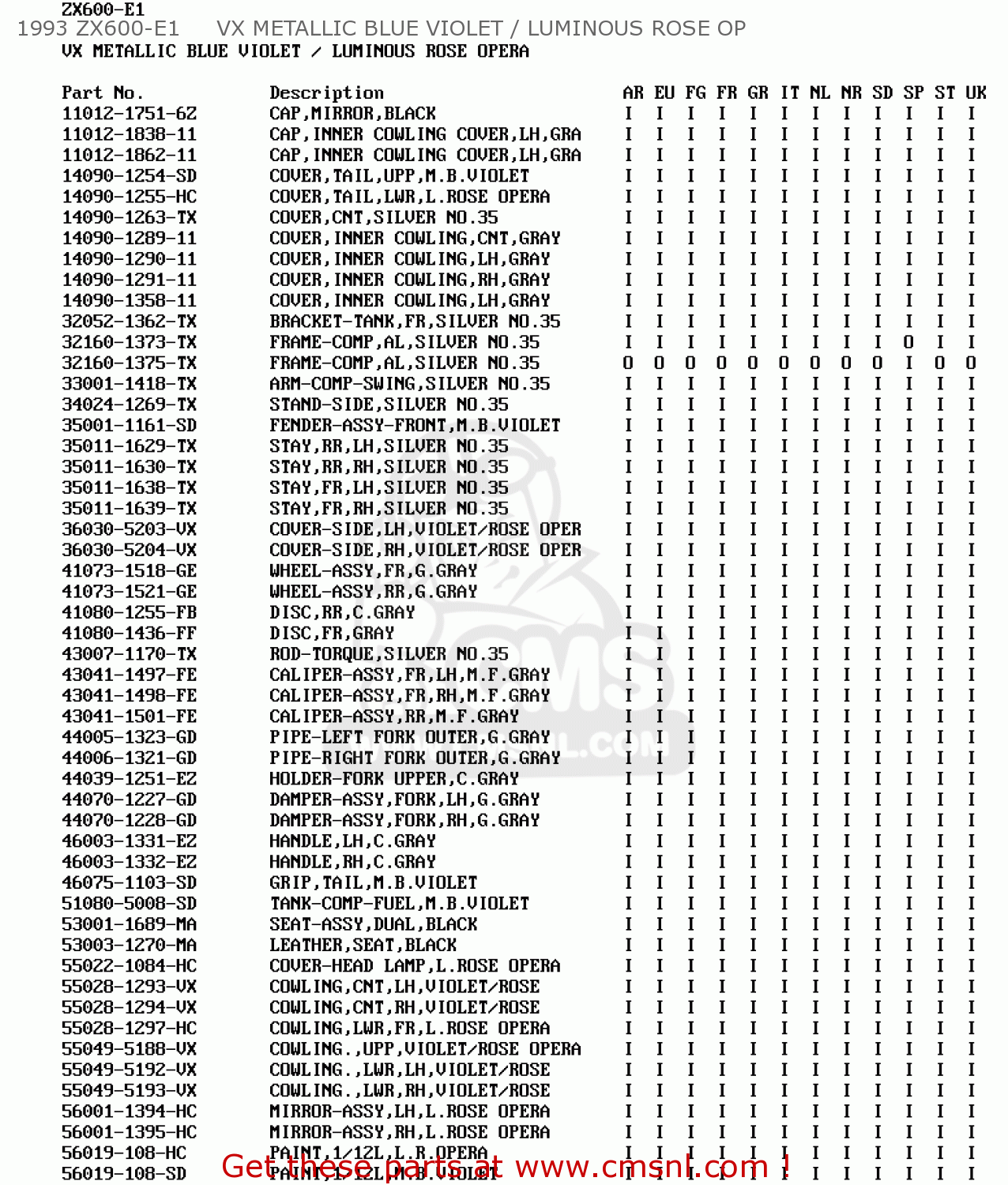 1993 ZX600-E1     VX METALLIC BLUE VIOLET / LUMINOUS ROSE OP ZX600E1 ZZR600 1993 EUROPE UK FR NL AR FG GR IT NR SD SP ST