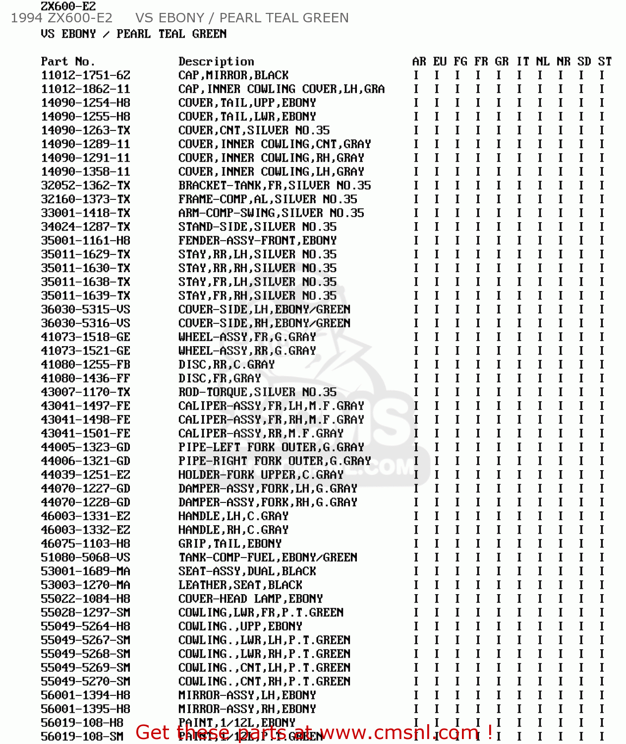 1994 ZX600-E2     VS EBONY / PEARL TEAL GREEN ZX600E1 ZZR600 1993 EUROPE UK FR NL AR FG GR IT NR SD SP ST