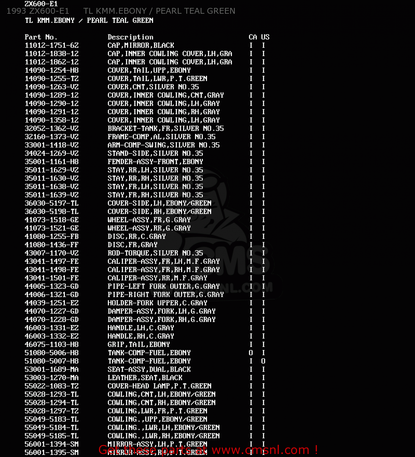 1993 ZX600-E1     TL KMM.EBONY / PEARL TEAL GREEN ZX600E2 NINJA ZX6 1994 USA CALIFORNIA CANADA