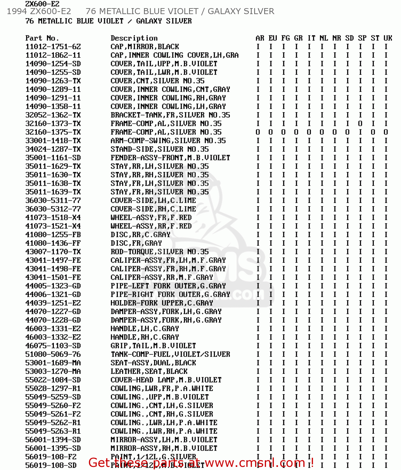 1994 ZX600-E2     76 METALLIC BLUE VIOLET / GALAXY SILVER ZX600E2 ZZR600 1994 EUROPE UK FR NL AR FG GR IT NR SD SP ST