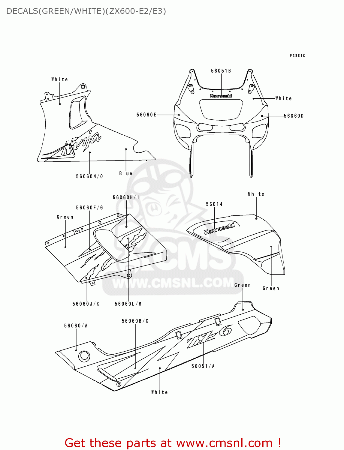 DECALS(GREEN/WHITE)(ZX600-E2/E3) ZX600E3 NINJA ZX6 1995 USA CALIFORNIA CANADA