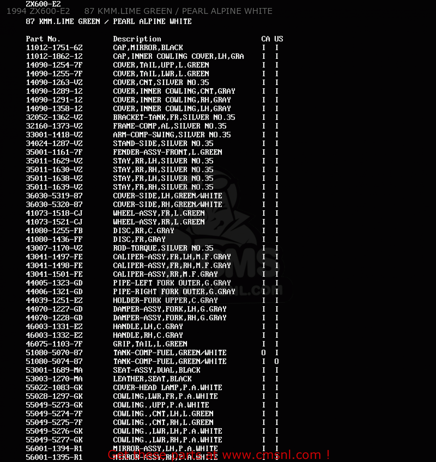 1994 ZX600-E2     87 KMM.LIME GREEN / PEARL ALPINE WHITE ZX600E3 NINJA ZX6 1995 USA CALIFORNIA CANADA