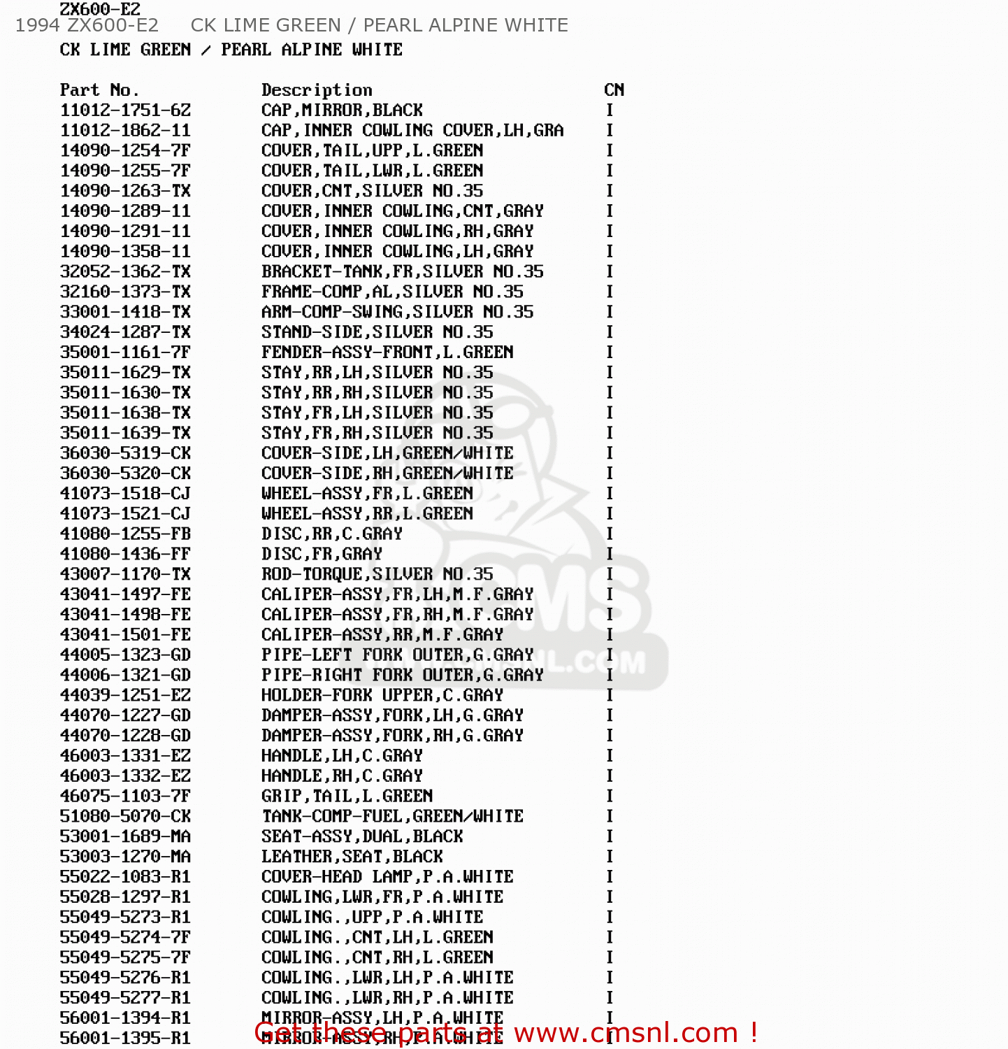 1994 ZX600-E2     CK LIME GREEN / PEARL ALPINE WHITE ZX600E3 NINJA ZX6 1995 USA CALIFORNIA CANADA