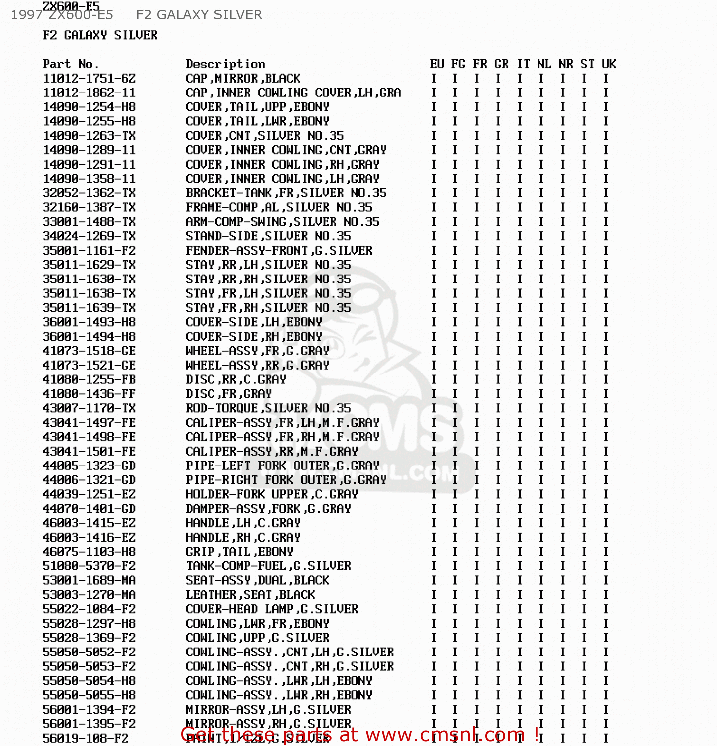 1997 ZX600-E5     F2 GALAXY SILVER ZX600E4 ZZR600 1996 EUROPE UK FR NL FG SP