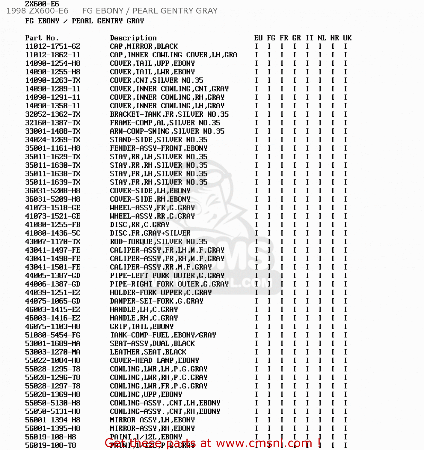 1998 ZX600-E6     FG EBONY / PEARL GENTRY GRAY ZX600E4 ZZR600 1996 EUROPE UK FR NL FG SP