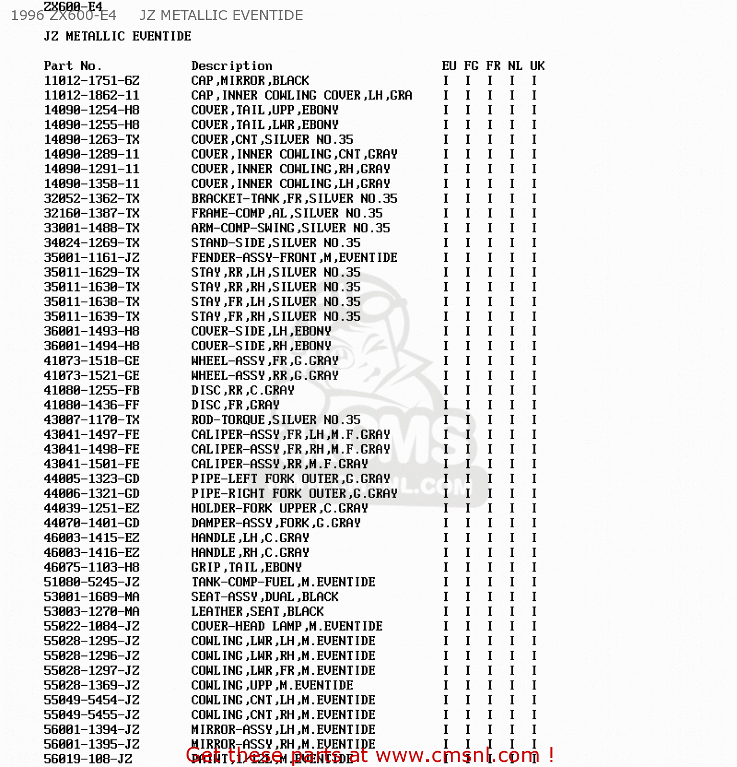 1996 ZX600-E4     JZ METALLIC EVENTIDE ZX600E5 ZZR600 1997 EUROPE UK FR NL FG GR IT NR ST