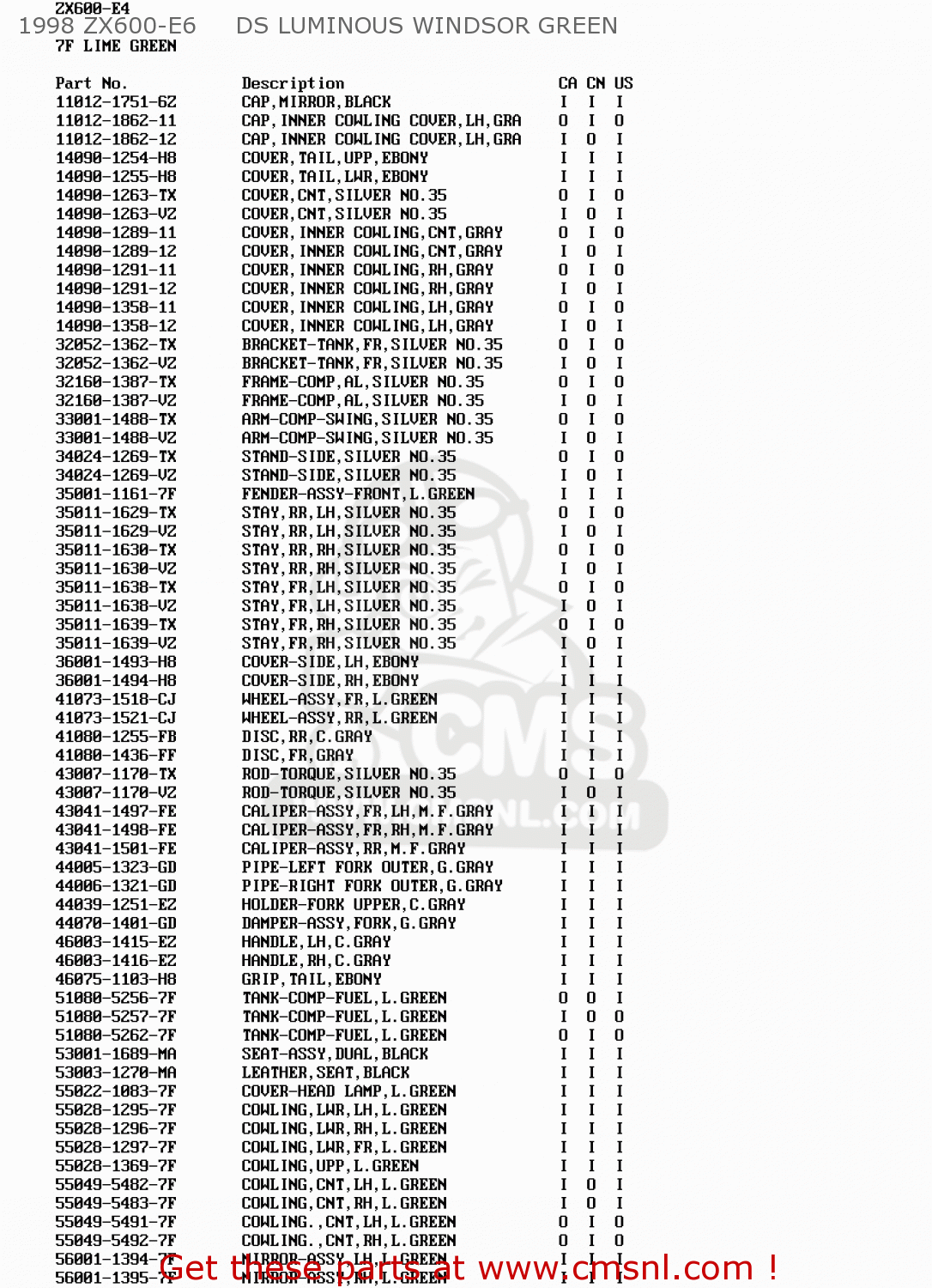 1996 ZX600-E4     7F LIME GREEN ZX600E6 NINJA ZX6 1998 USA CALIFORNIA CANADA