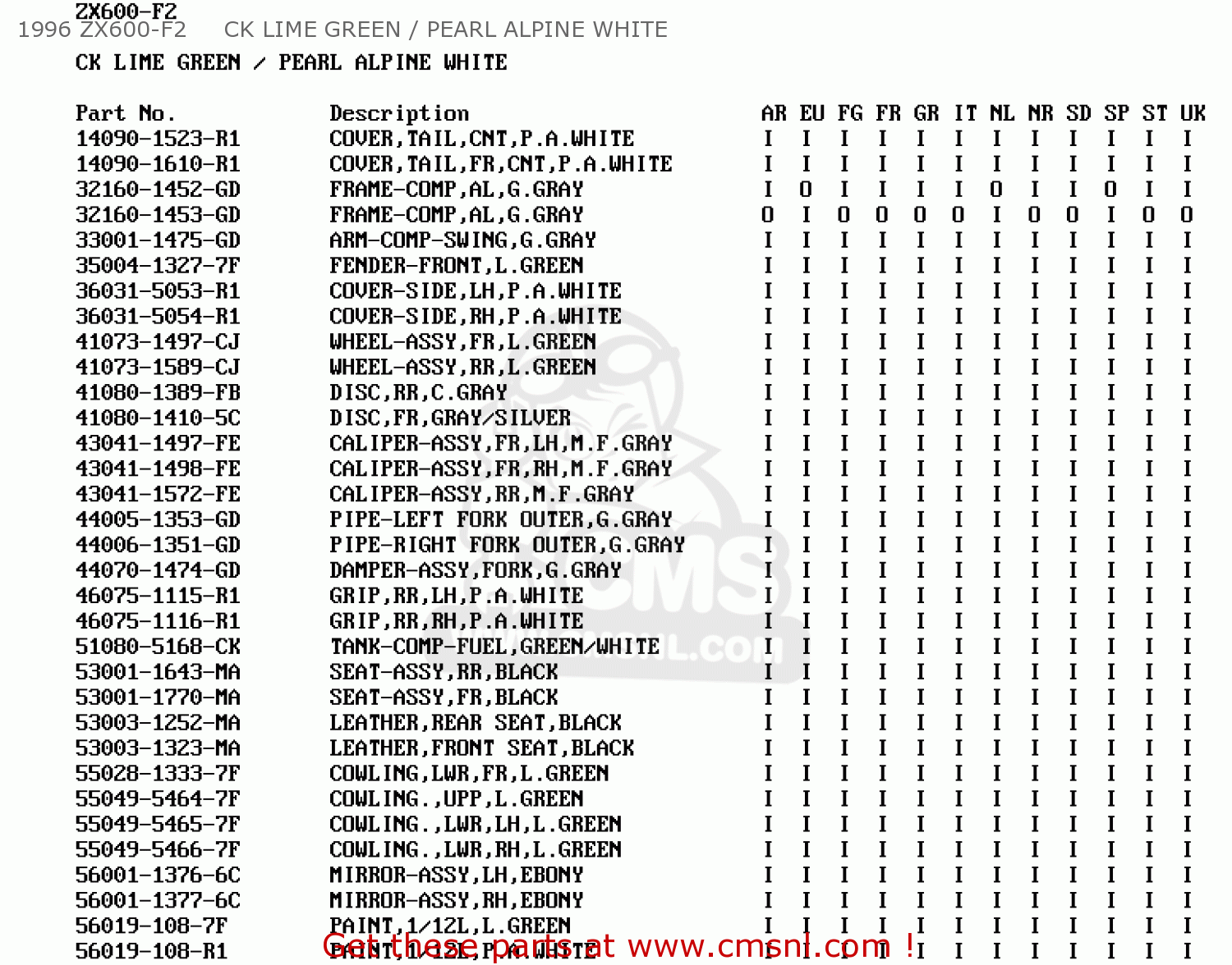 1996 ZX600-F2     CK LIME GREEN / PEARL ALPINE WHITE ZX600F1 NINJA ZX6R 1995 EUROPE UK FR NL AR FG GR IT NR SD SP ST
