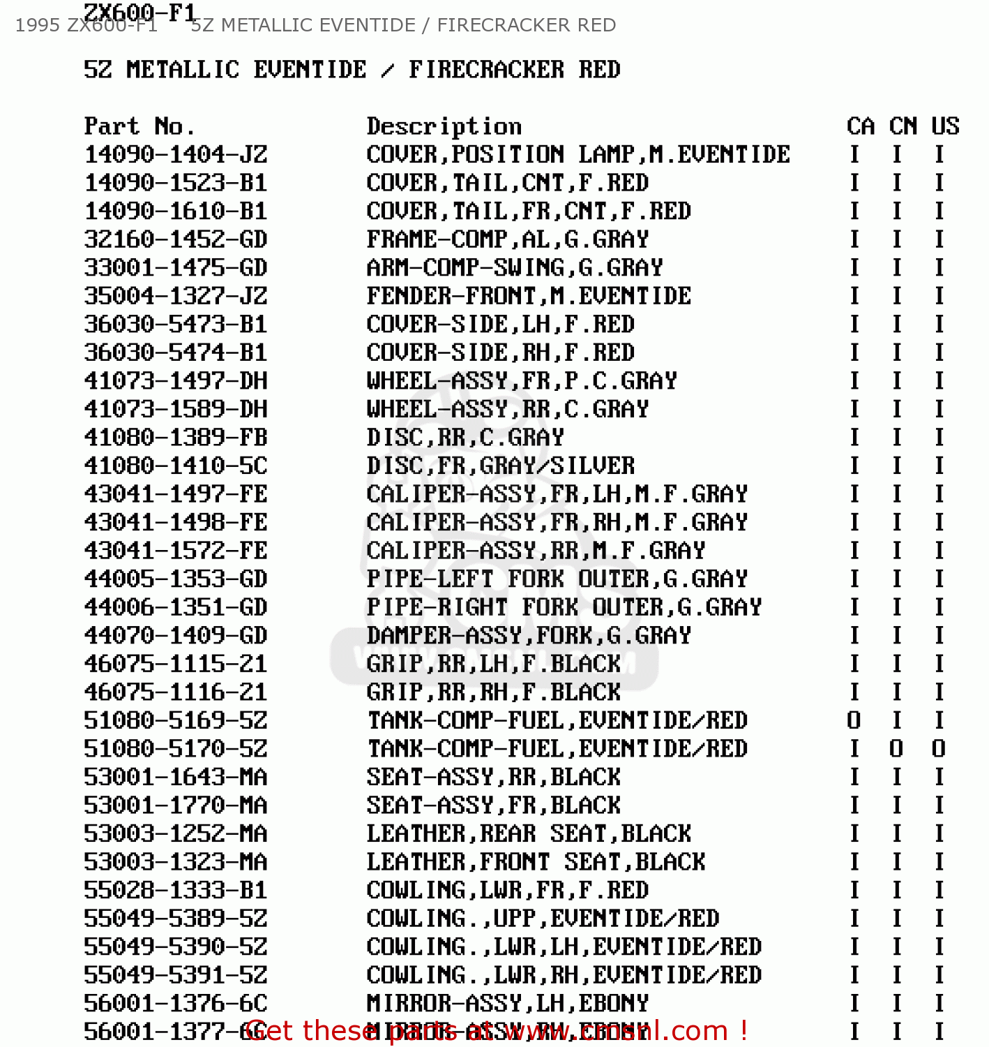 1995 ZX600-F1     5Z METALLIC EVENTIDE / FIRECRACKER RED ZX600F1 NINJA ZX6R 1995 USA CALIFORNIA CANADA