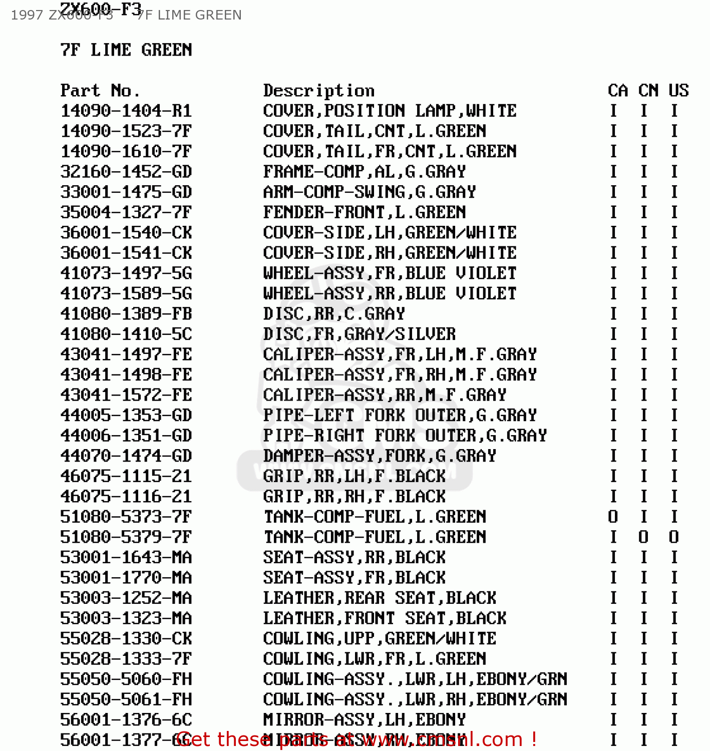 1997 ZX600-F3     7F LIME GREEN ZX600F1 NINJA ZX6R 1995 USA CALIFORNIA CANADA
