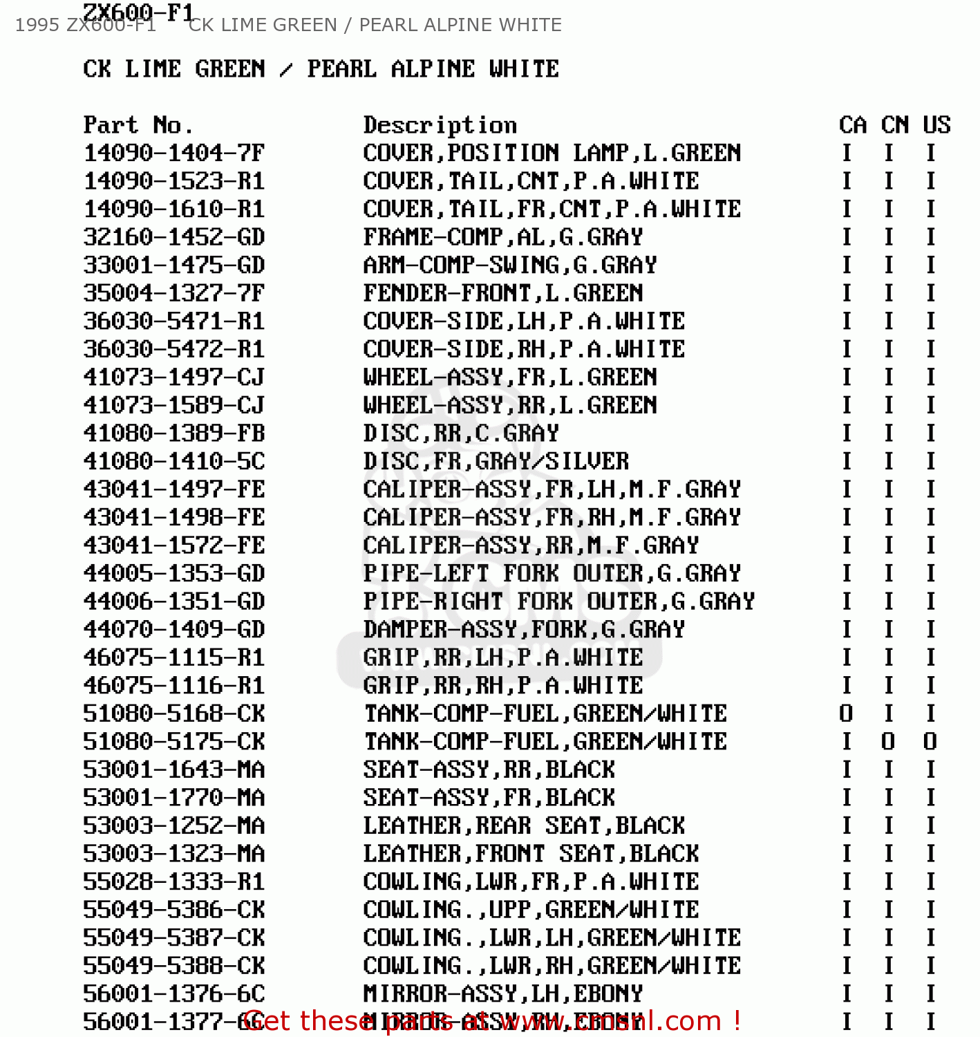 1995 ZX600-F1     CK LIME GREEN / PEARL ALPINE WHITE ZX600F2 NINJA ZX6R 1996 USA CALIFORNIA CANADA