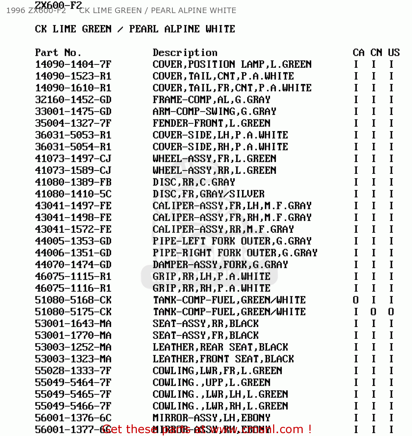 1996 ZX600-F2     CK LIME GREEN / PEARL ALPINE WHITE ZX600F2 NINJA ZX6R 1996 USA CALIFORNIA CANADA