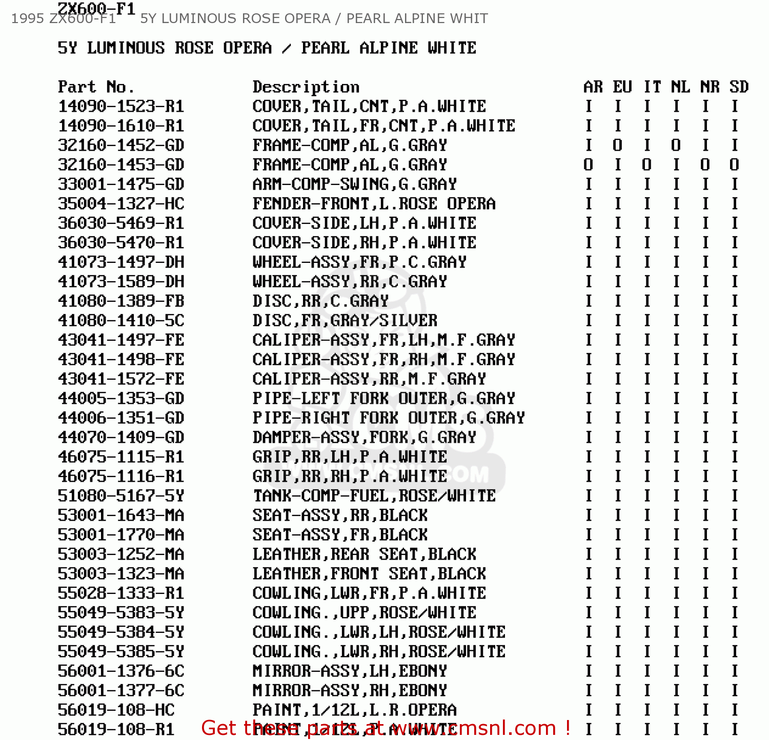 1995 ZX600-F1     5Y LUMINOUS ROSE OPERA / PEARL ALPINE WHIT ZX600F3 NINJA ZX6R 1997 EUROPE UK FR NL AR FG GR IT NR SD SP ST