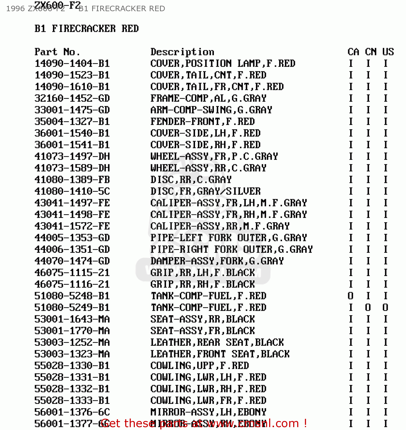 1996 ZX600-F2     B1 FIRECRACKER RED ZX600F3 NINJA ZX6R 1997 USA CALIFORNIA CANADA