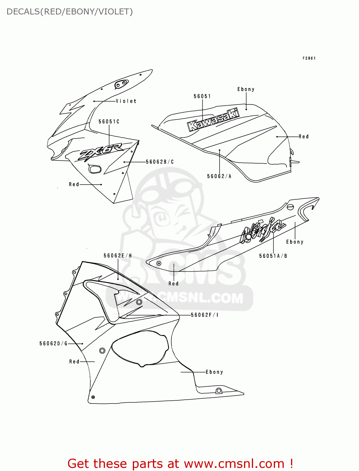 DECALS(RED/EBONY/VIOLET) ZX600G1 NINJA ZX6R 1998 USA CALIFORNIA CANADA