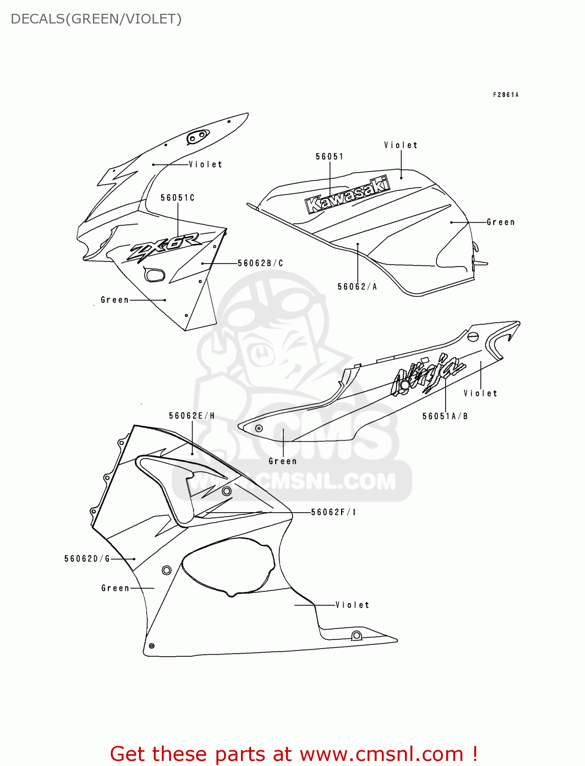 DECALS(GREEN/VIOLET) ZX600G1 NINJA ZX6R 1998 USA CALIFORNIA CANADA