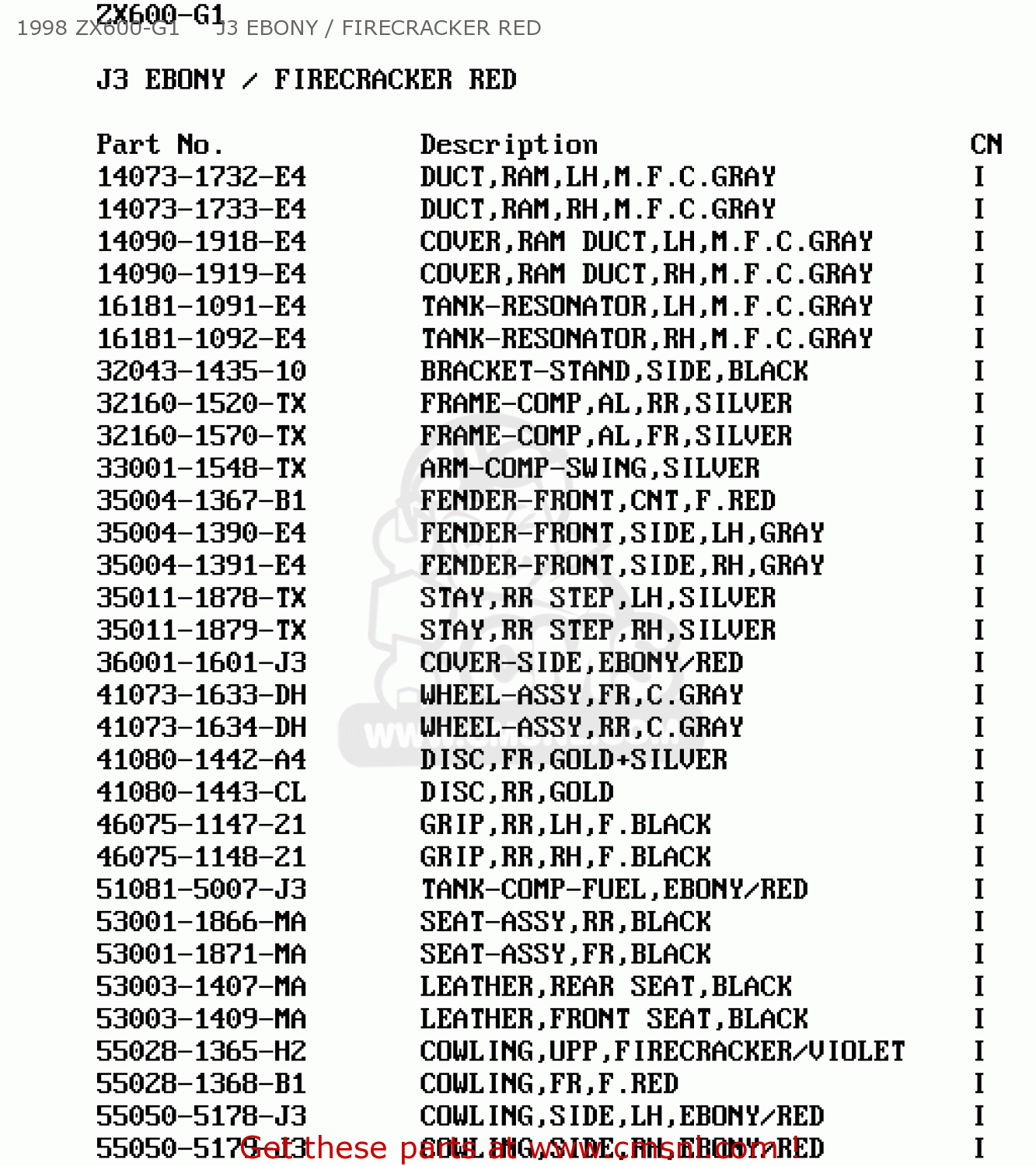 1998 ZX600-G1     J3 EBONY / FIRECRACKER RED ZX600G1 NINJA ZX6R 1998 USA CALIFORNIA CANADA