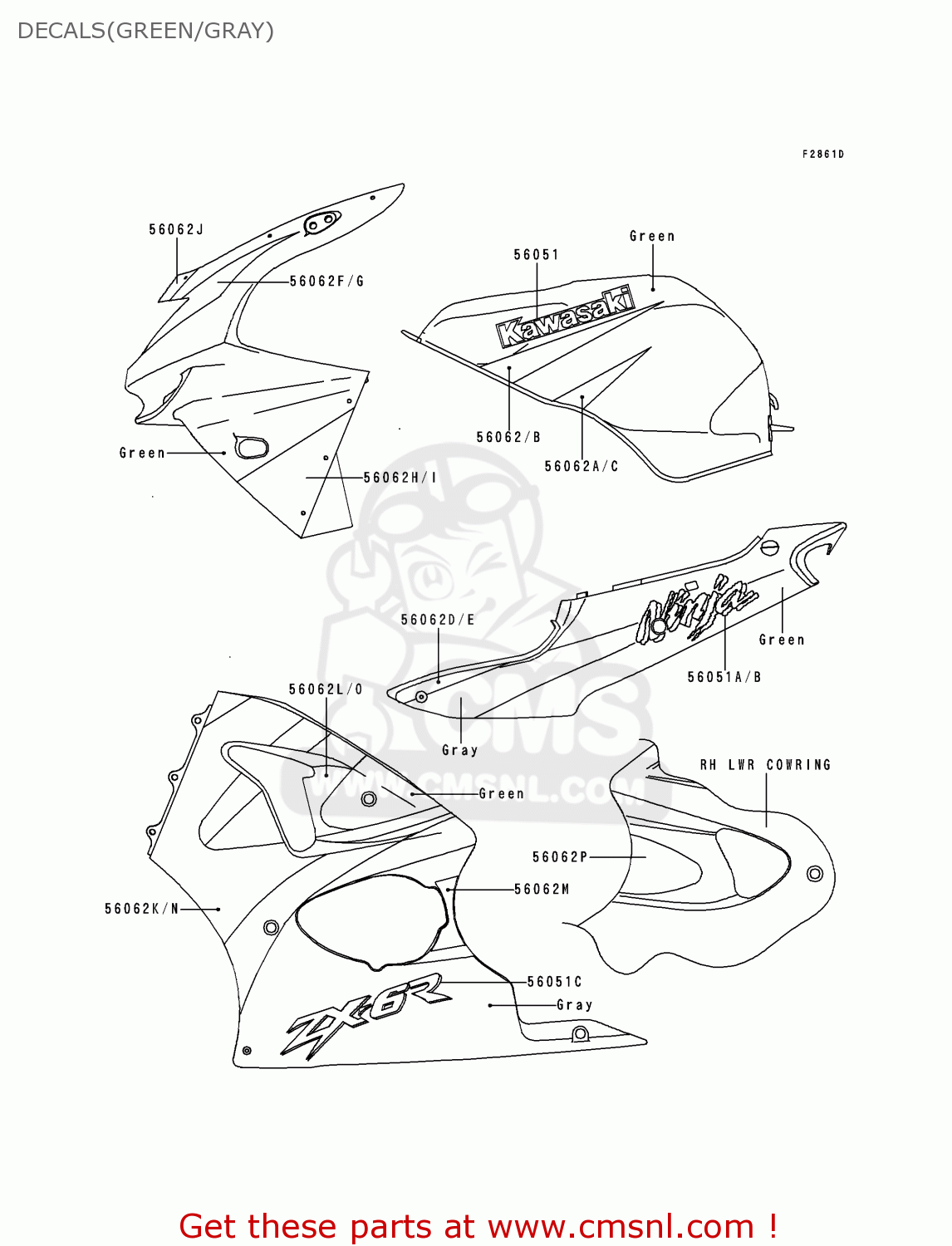 DECALS(GREEN/GRAY) ZX600G2 NINJA ZX6R 1999 USA CALIFORNIA CANADA