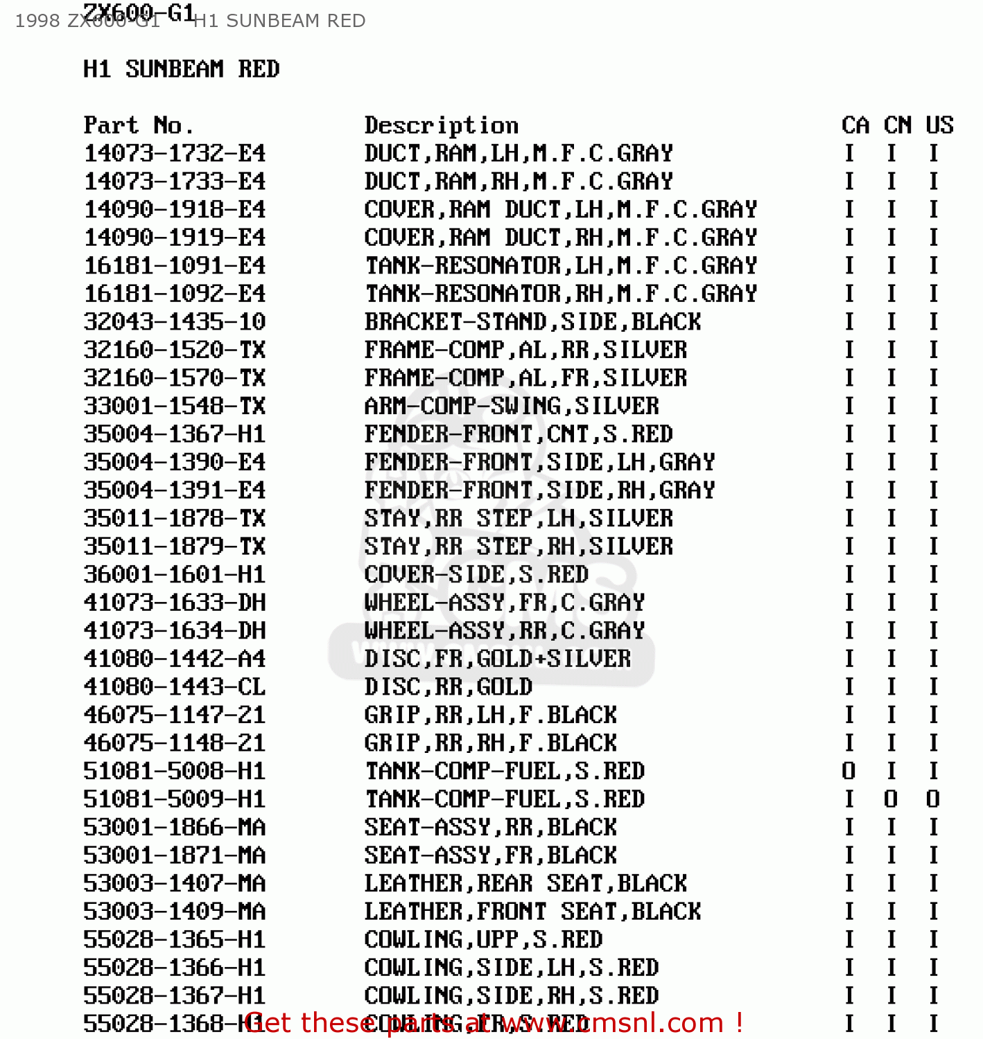 1998 ZX600-G1     H1 SUNBEAM RED ZX600G2 NINJA ZX6R 1999 USA CALIFORNIA CANADA