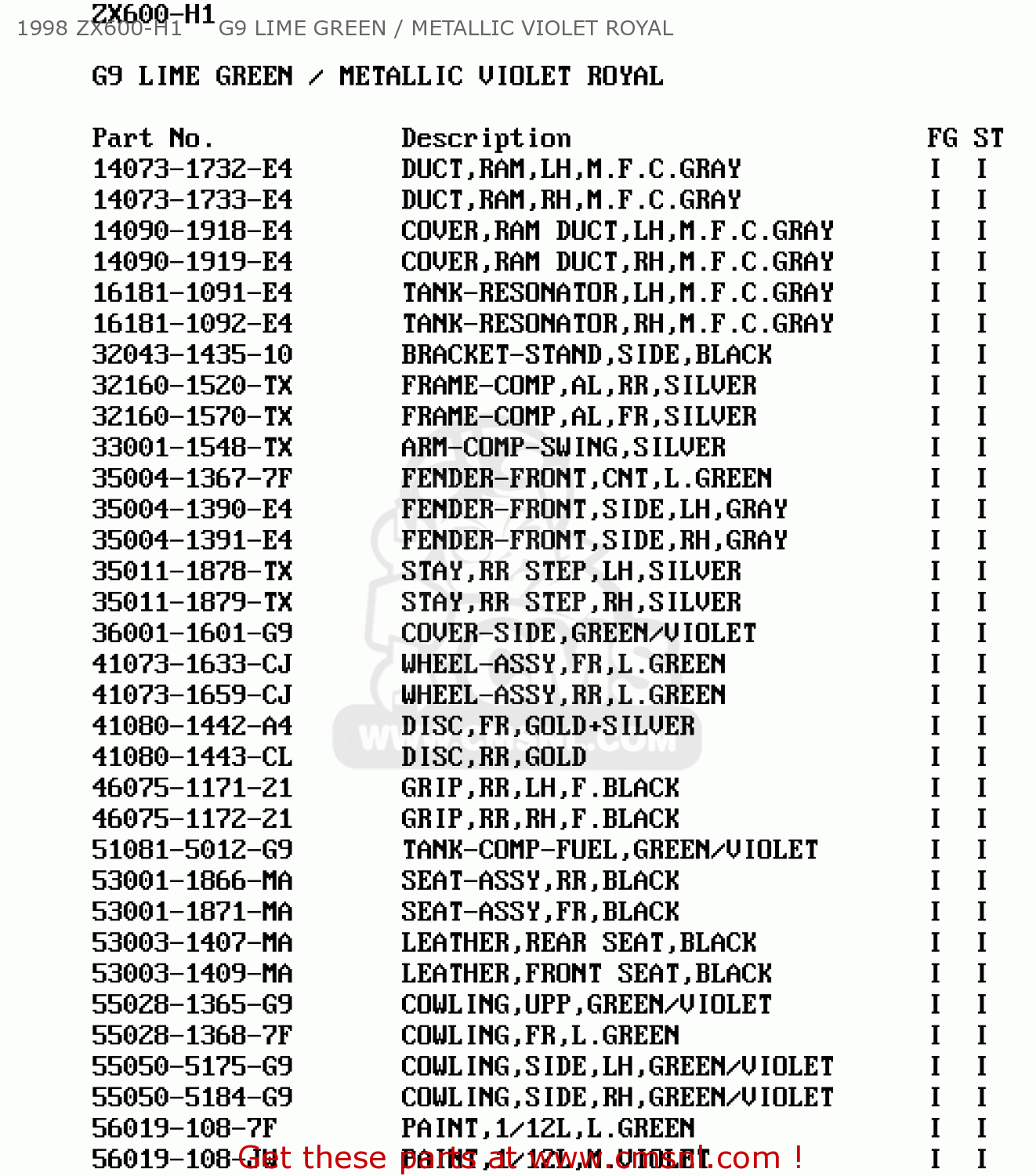 1998 ZX600-H1     G9 LIME GREEN / METALLIC VIOLET ROYAL ZX600H1 NINJA ZX6R 1998 FG ST