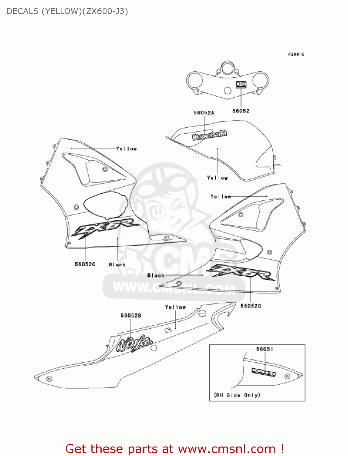 DECALS (YELLOW)(ZX600-J3) ZX600J3 NINJA ZX6R 2002 USA CALIFORNIA CANADA
