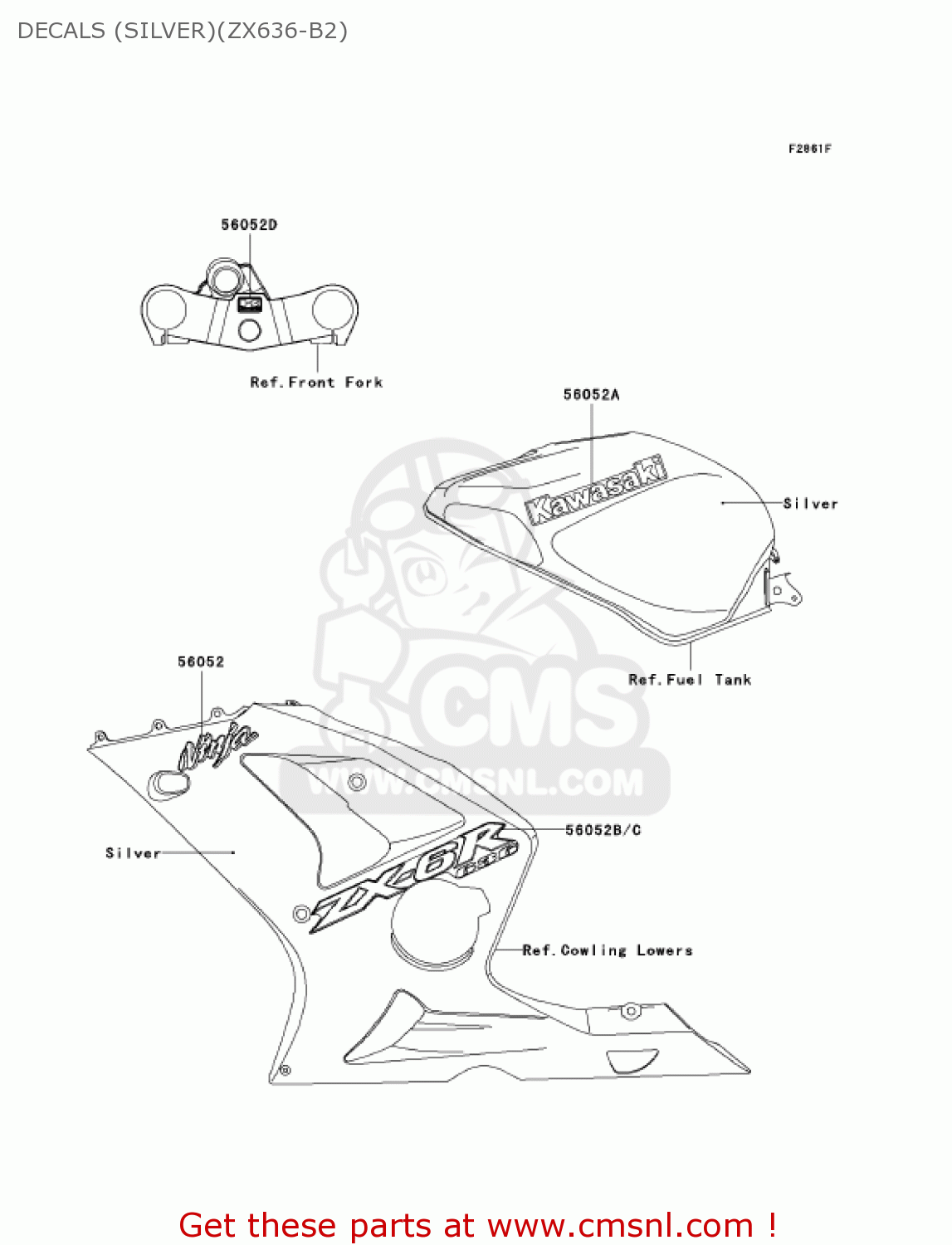 DECALS (SILVER)(ZX636-B2) ZX636C1 NINJA ZX6R 2005 USA CALIFORNIA CANADA