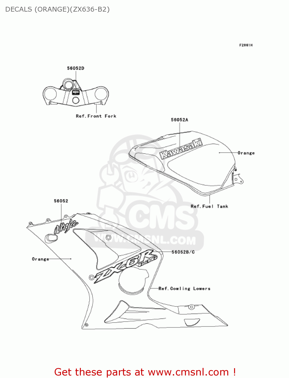 DECALS (ORANGE)(ZX636-B2) ZX636C1 NINJA ZX6R 2005 USA CALIFORNIA CANADA