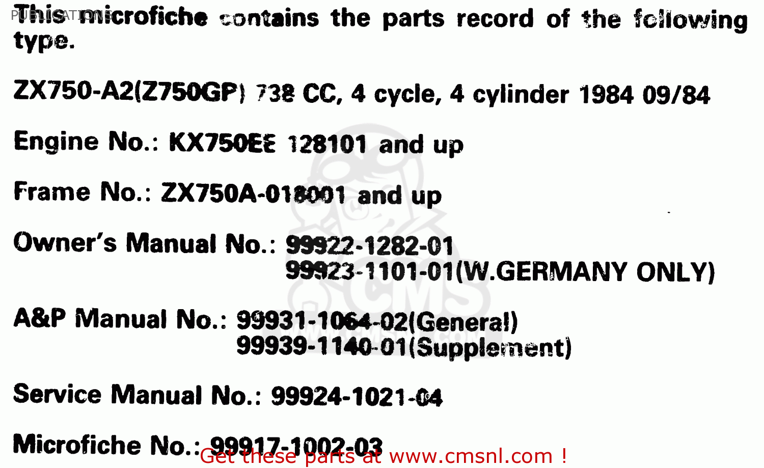 PUBLICATIONS ZX750A2 1984 EUROPE UK FR GR IT NR SD