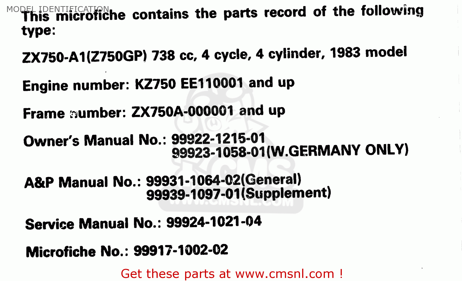 MODEL IDENTIFICATION ZX750A2 1984 EUROPE UK FR GR IT NR SD