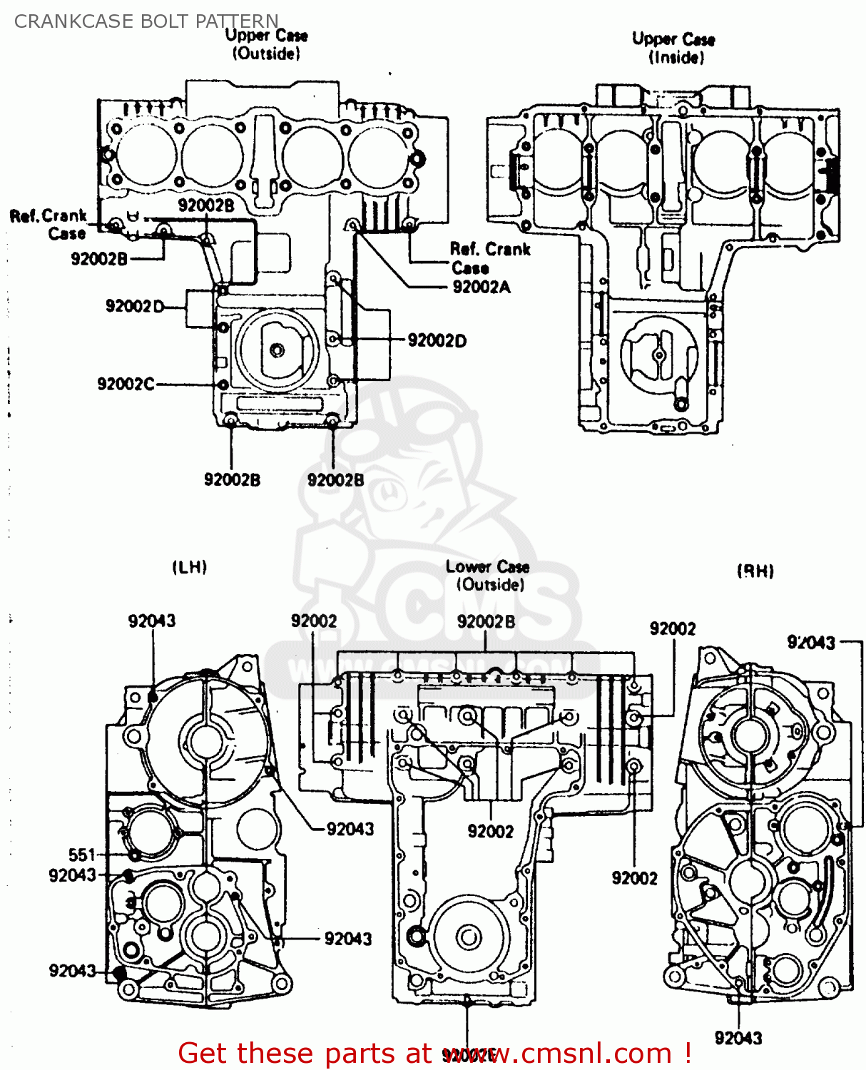 CRANKCASE BOLT PATTERN ZX750A3 1985 EUROPE UK FR GR IT NR SD
