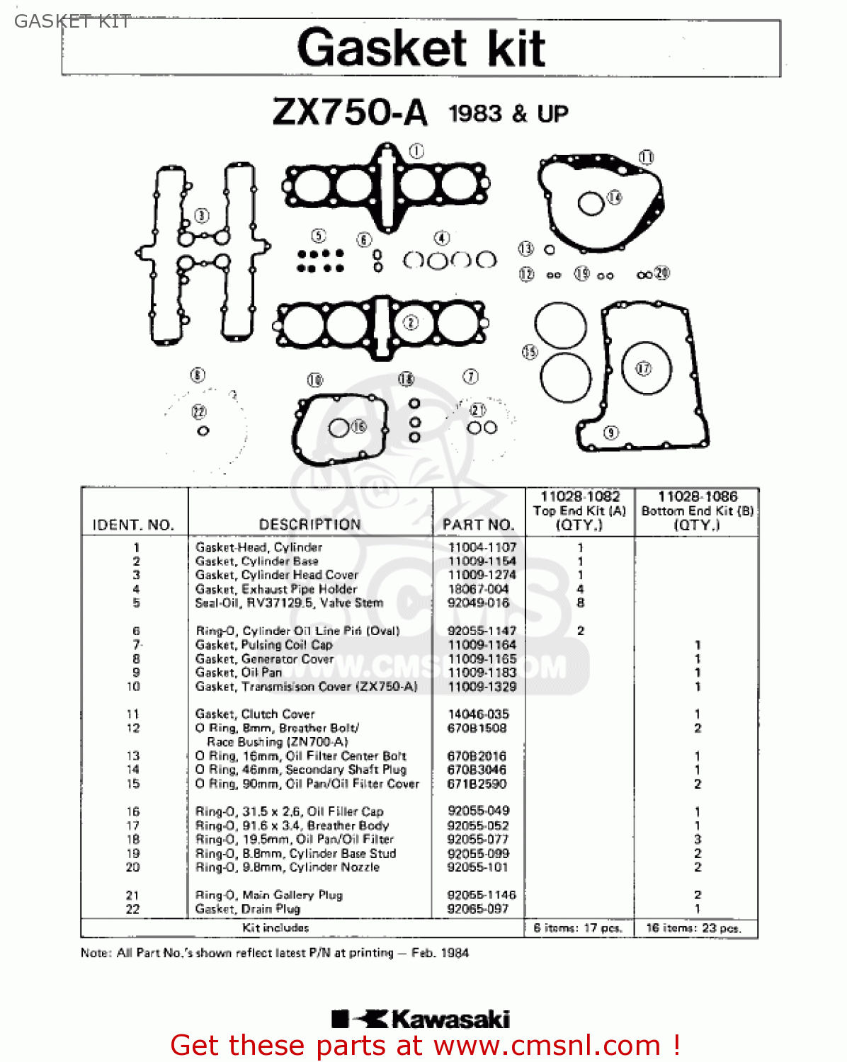 GASKET KIT ZX750A3 GPZ750 1985 USA CALIFORNIA CANADA